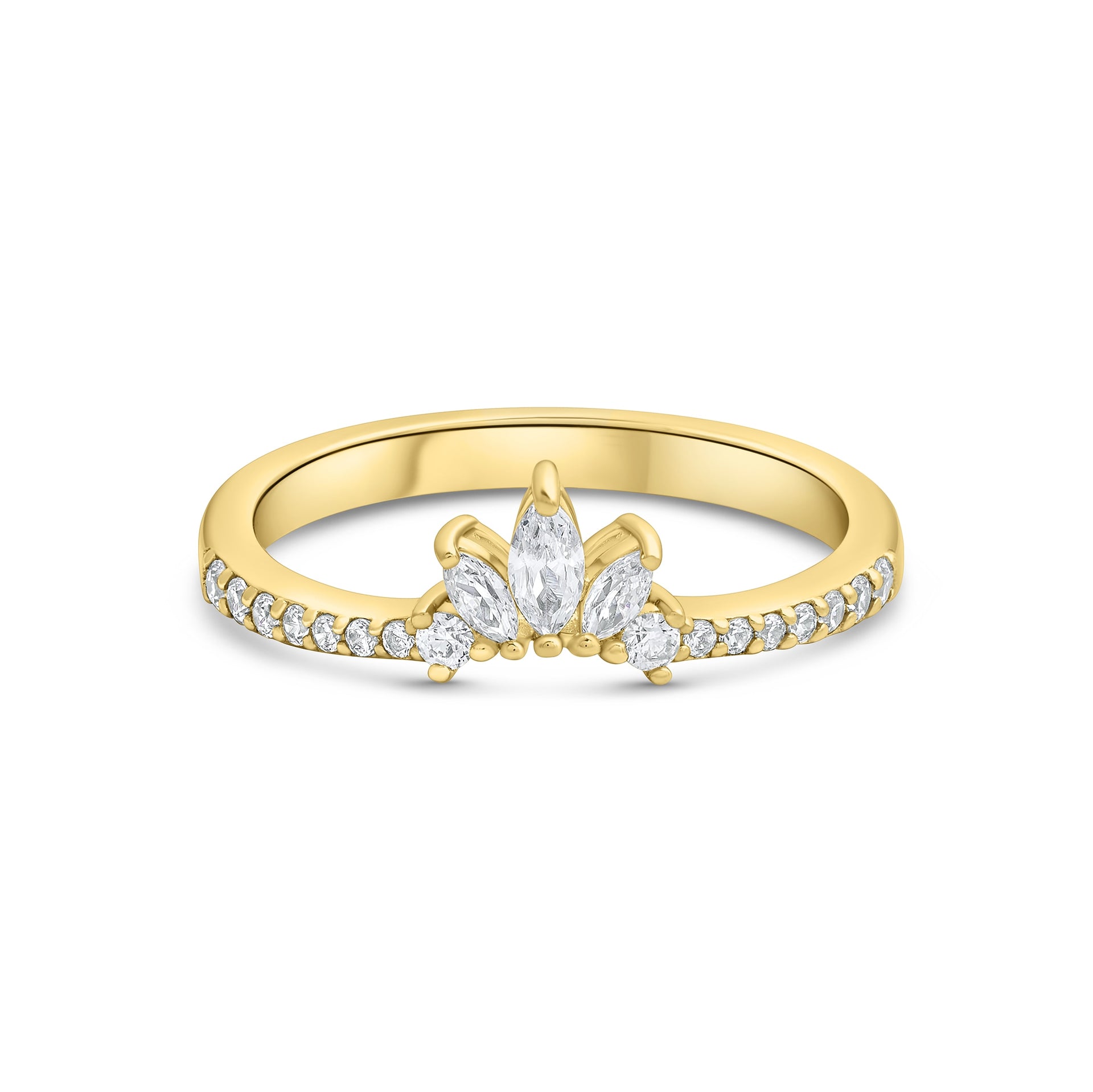 unique gold vintage style half eternity wedding band on white background