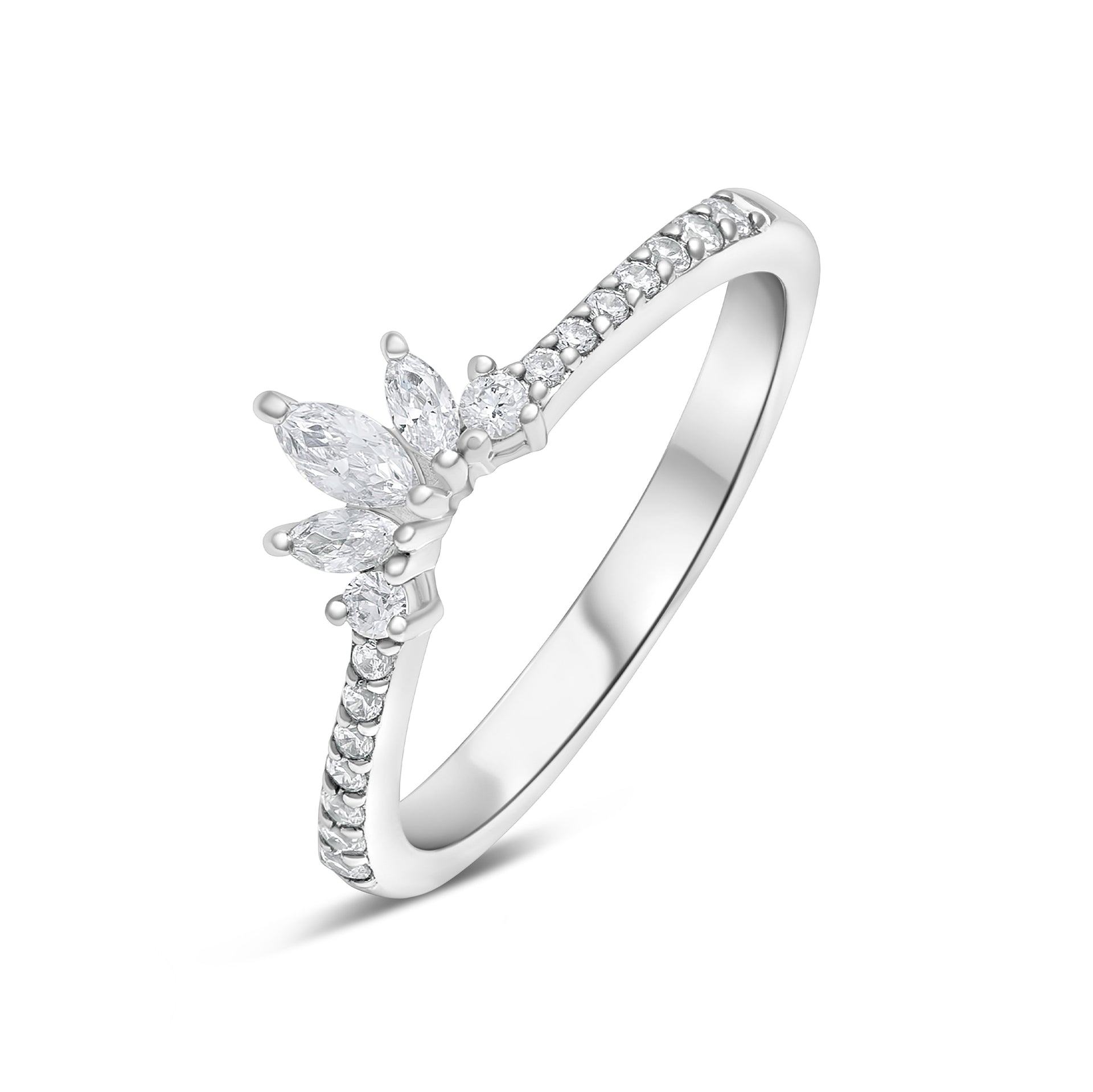 stunning v-shaped band features 3 center marquise stones with round stones glistening down the sides on white background