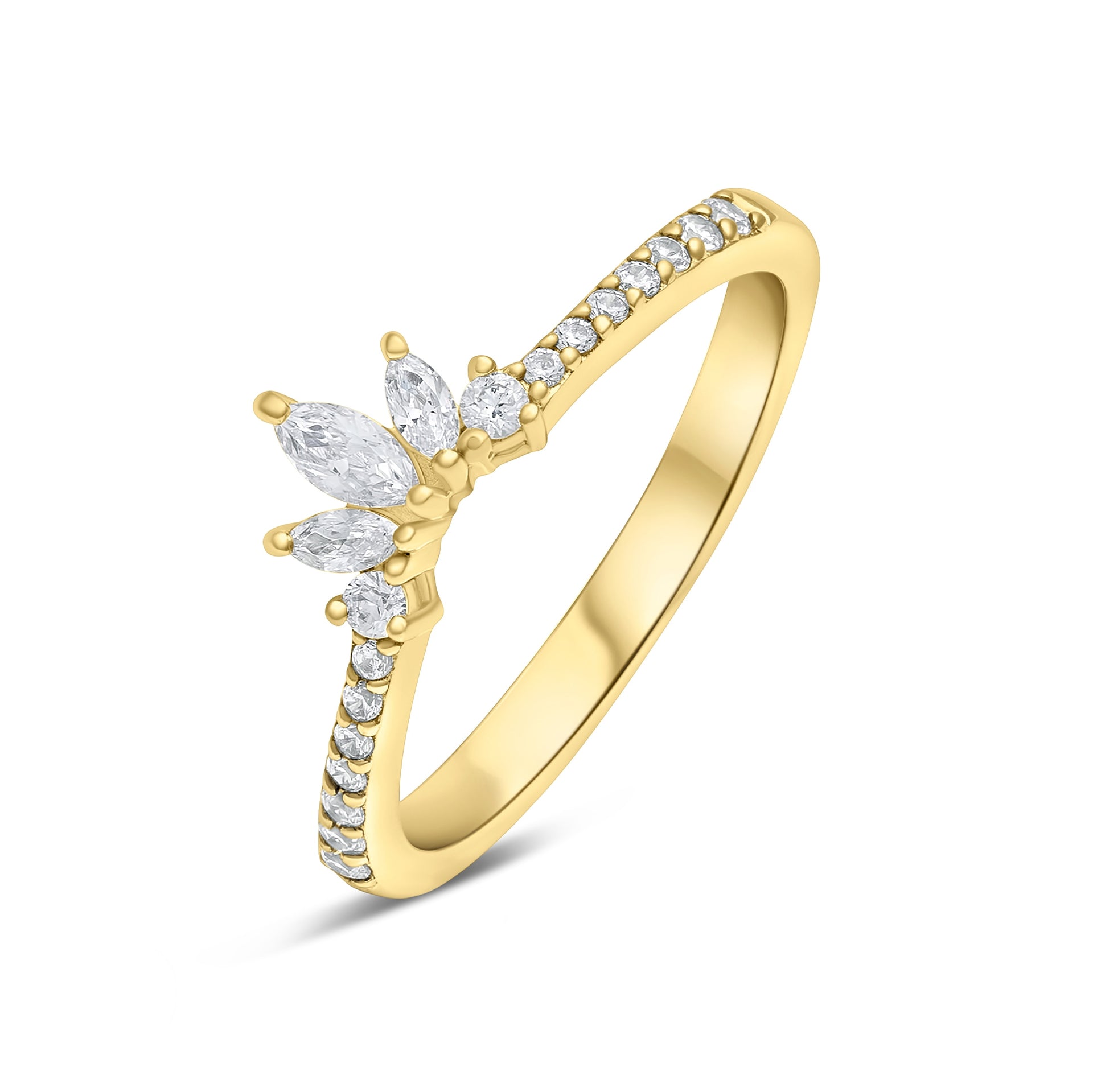 Gold vintage half eternity wedding band at a tilted angle on a white background