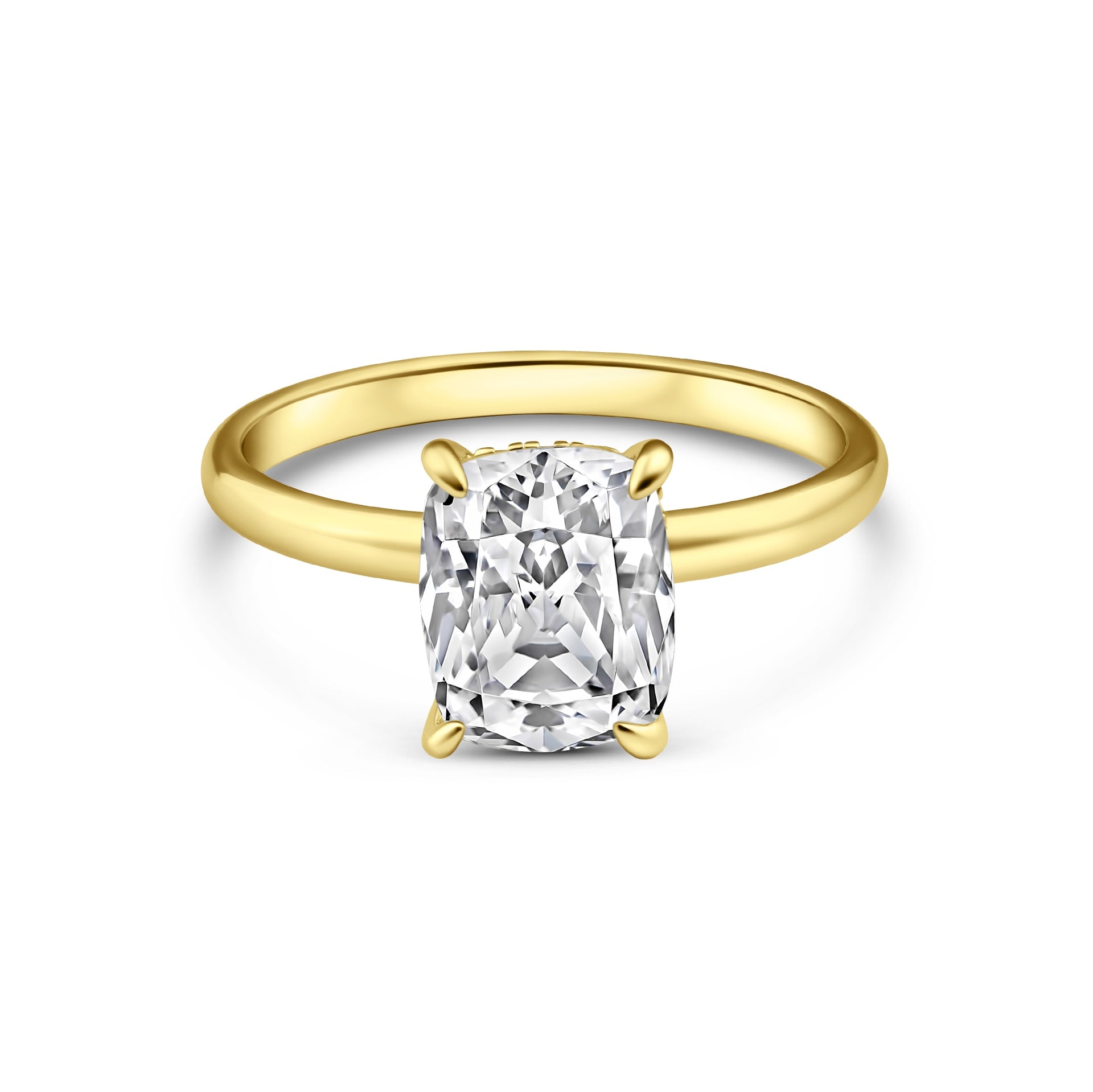 Gold 4 carat elongated cushion cut solitaire ring with hidden halo on white background