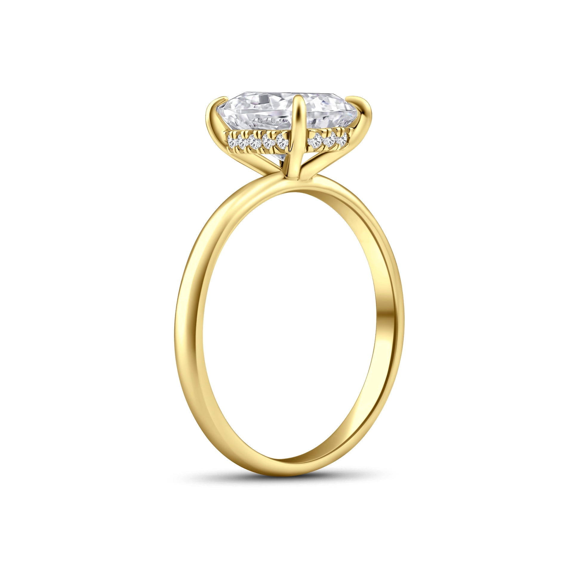view of 4 carat elongated cushion cut solitaire ring with hidden halo detailing on a white background