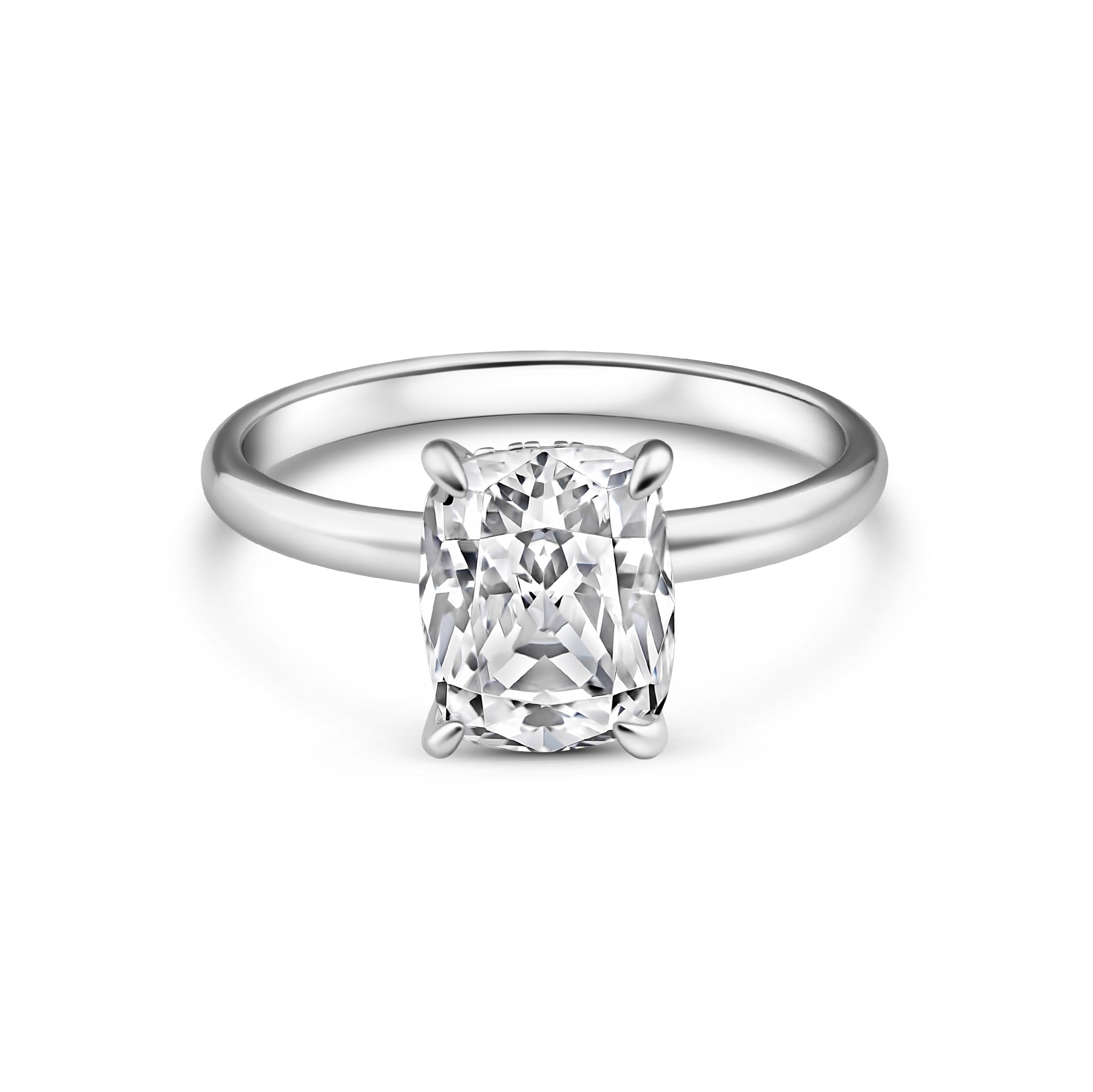 Silver 4 carat elongated cushion cut solitaire ring with hidden halo on white background