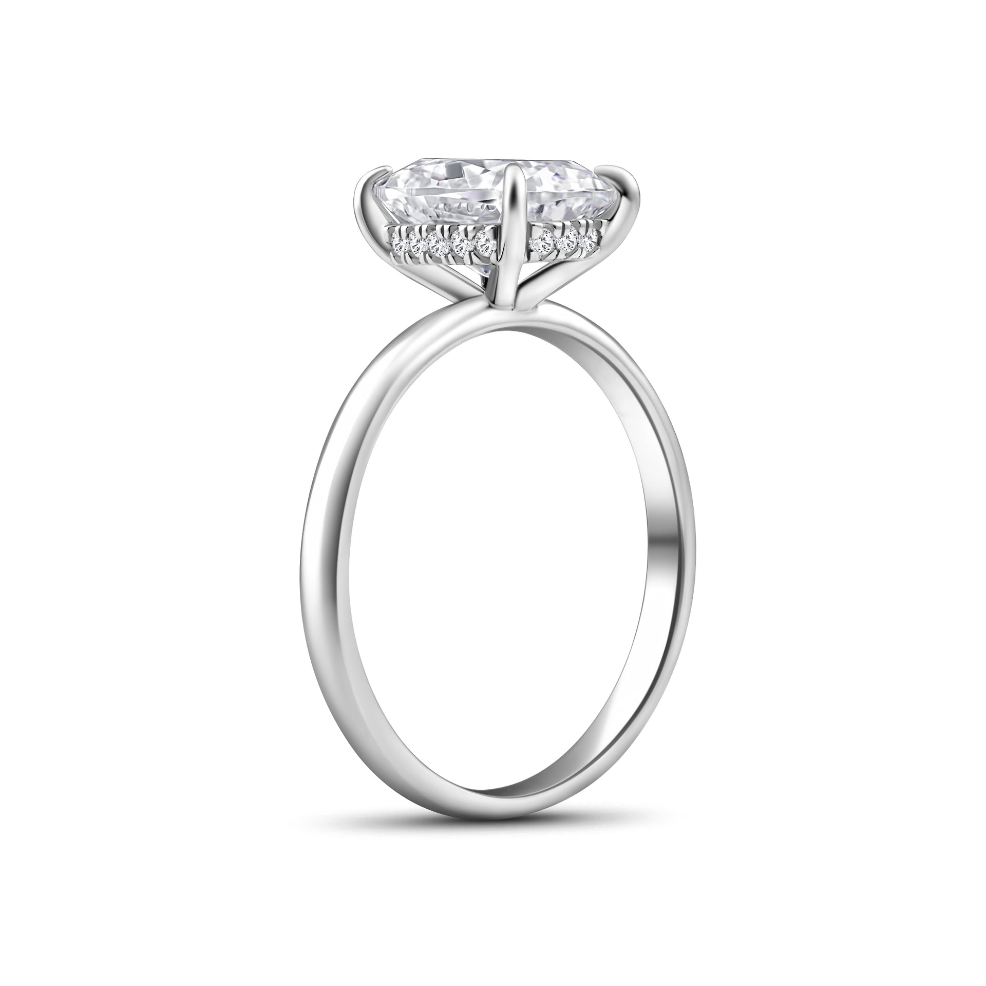 view of silver 4 carat elongated cushion cut solitaire ring with hidden halo detailing on a white background