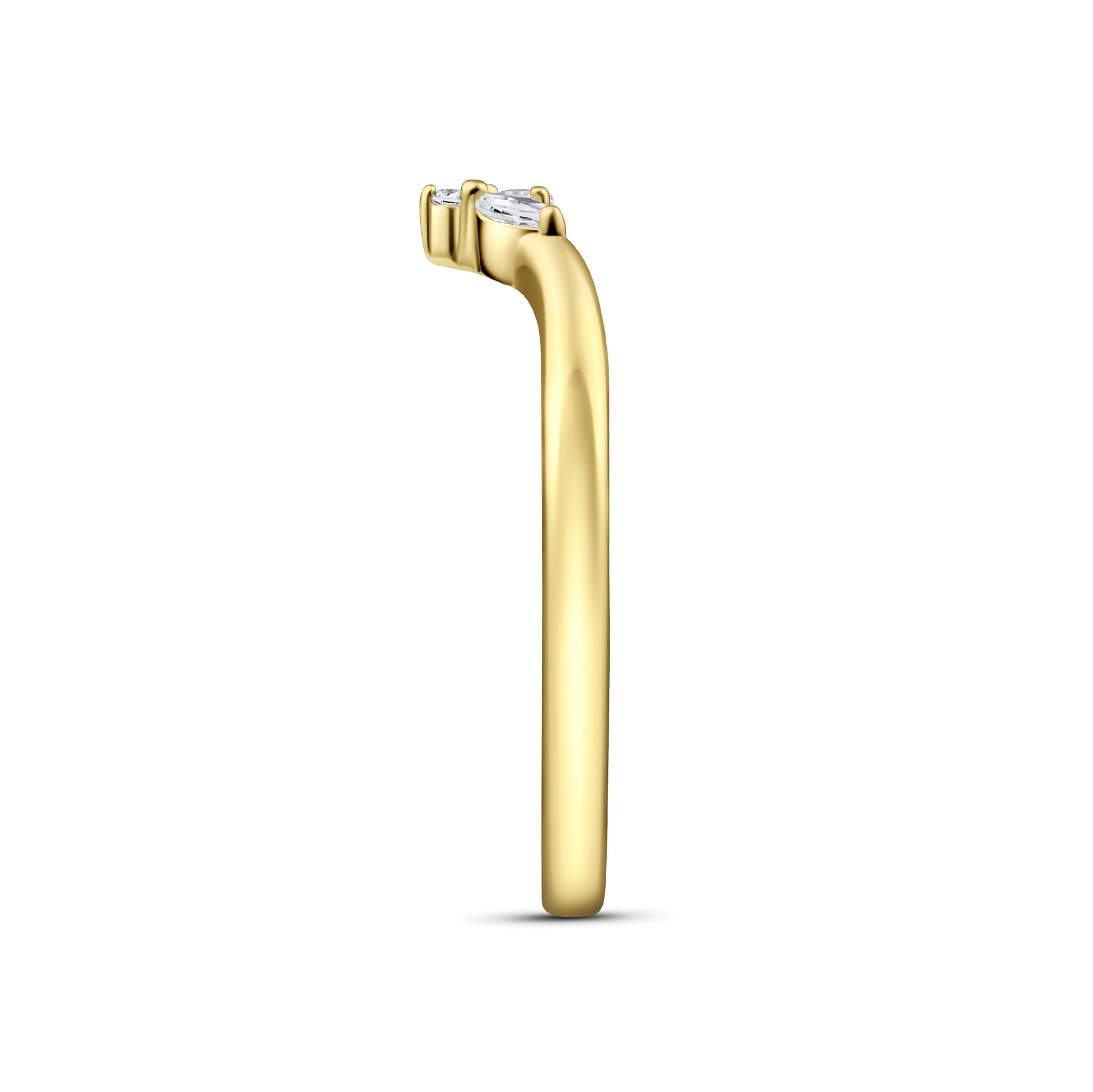 side view of a simple gold vintage chevron wedding band on a white background