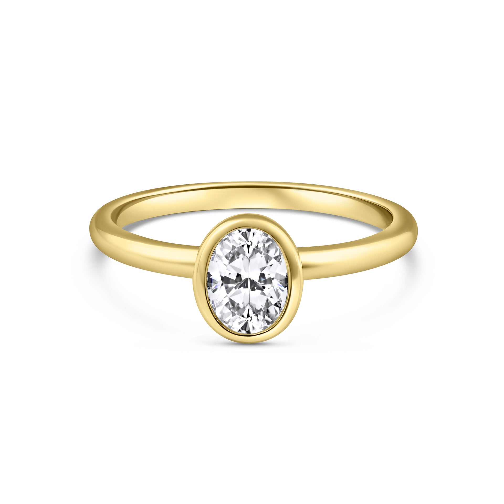 gold 1.5 carat oval cut engagement ring with bezel setting on white background