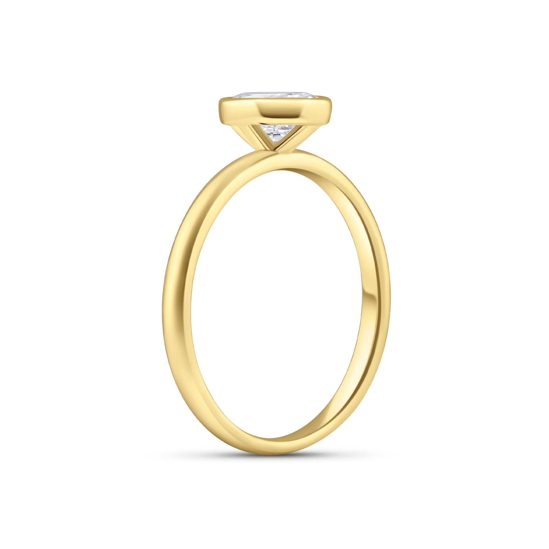 gold 1.5 carat oval cut engagement ring with bezel setting on white background