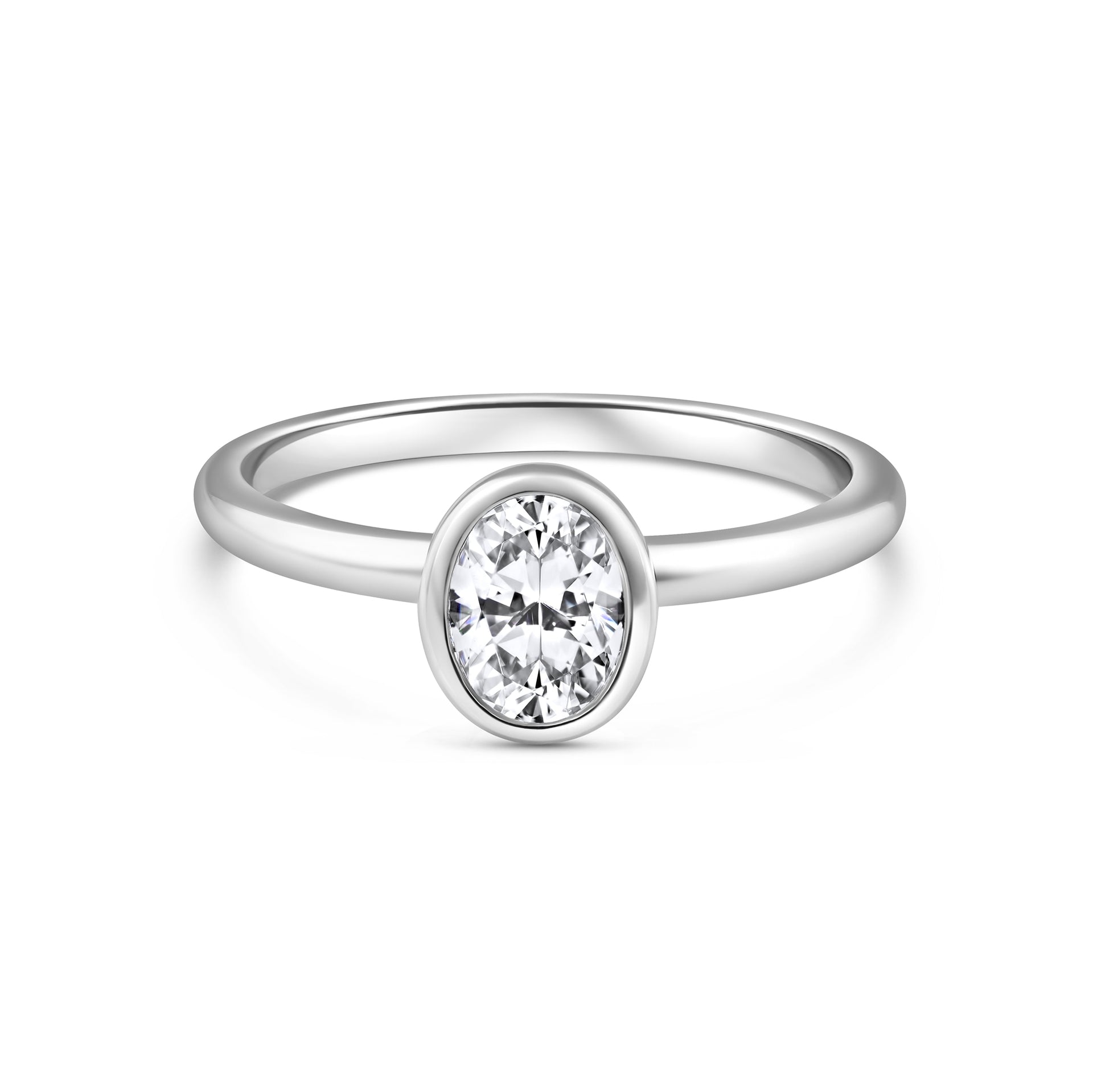 silver 1.5 carat oval cut engagement ring with bezel setting on white background
