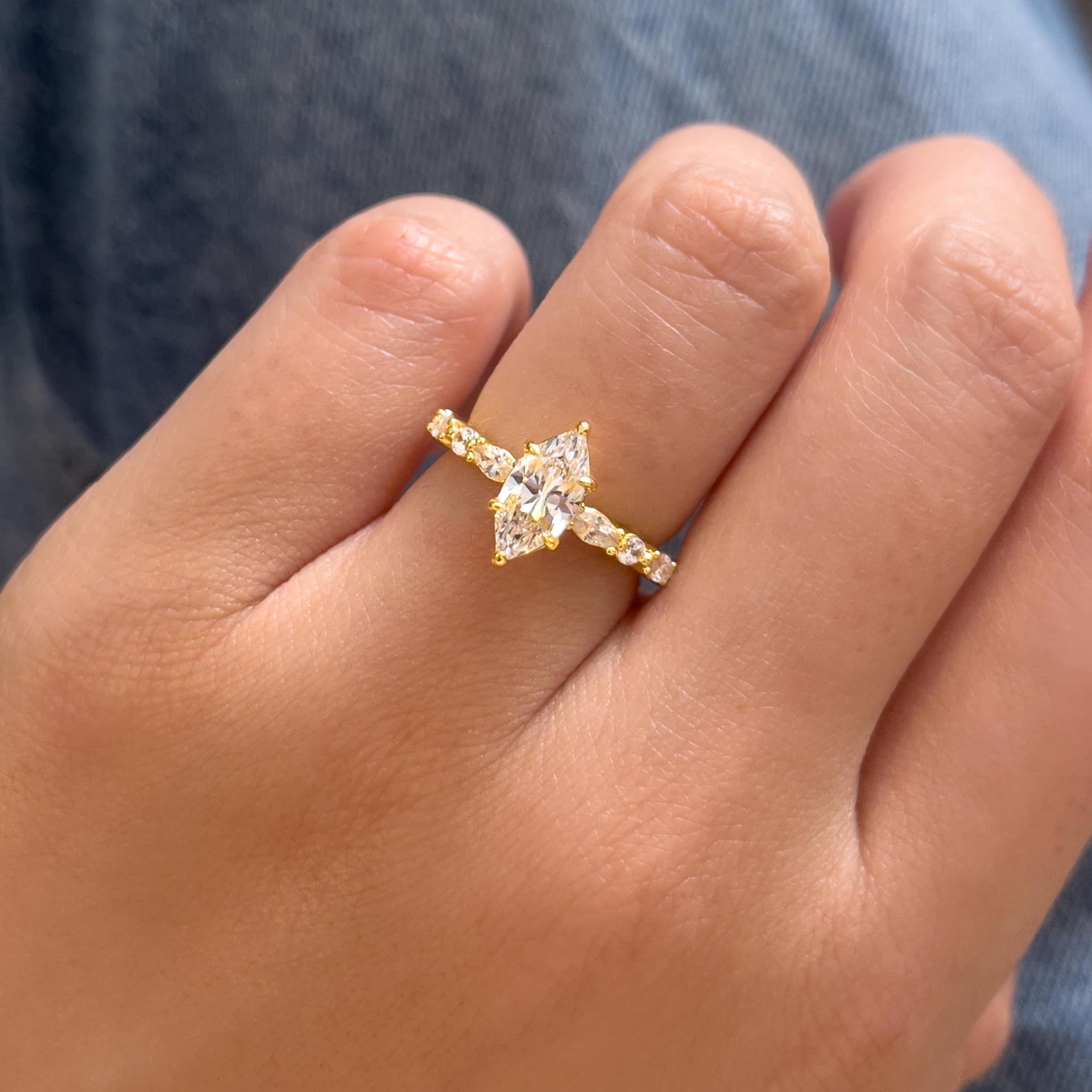 affordable 1 carat gold vintage engagement ring worn by female model