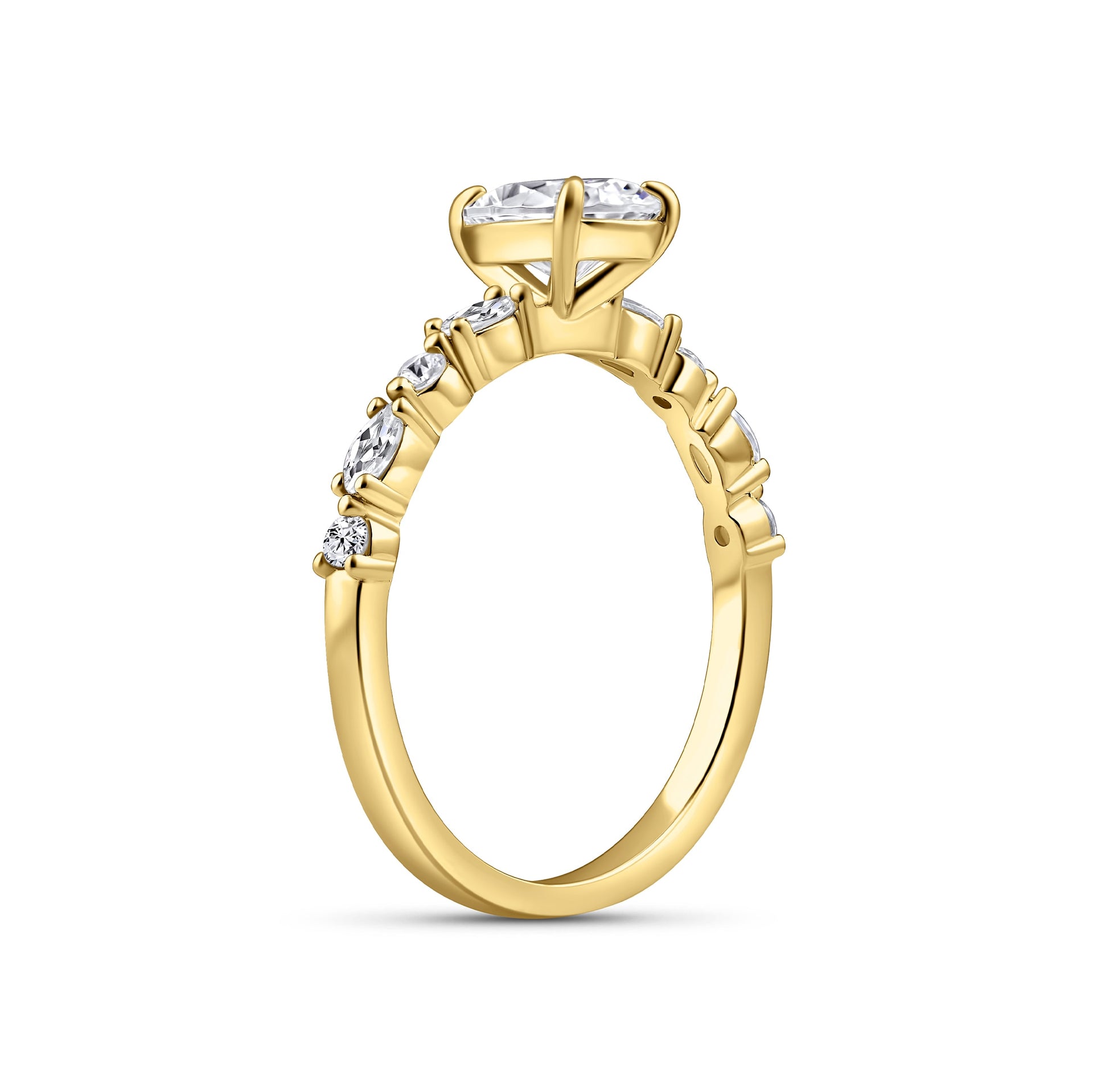 side view of 1.5 carat pear cut engagement ring on white background