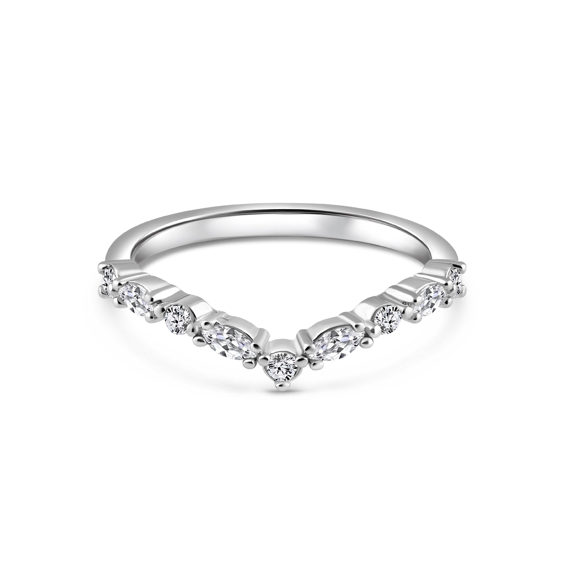 silver vintage style half eternity chevron band on a white background