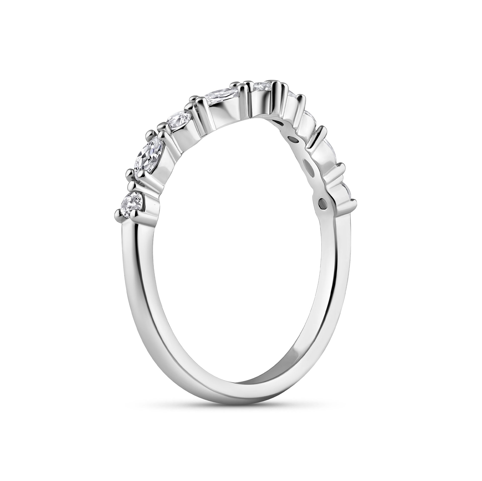 side view of silver vintage chevron wedding band on white background