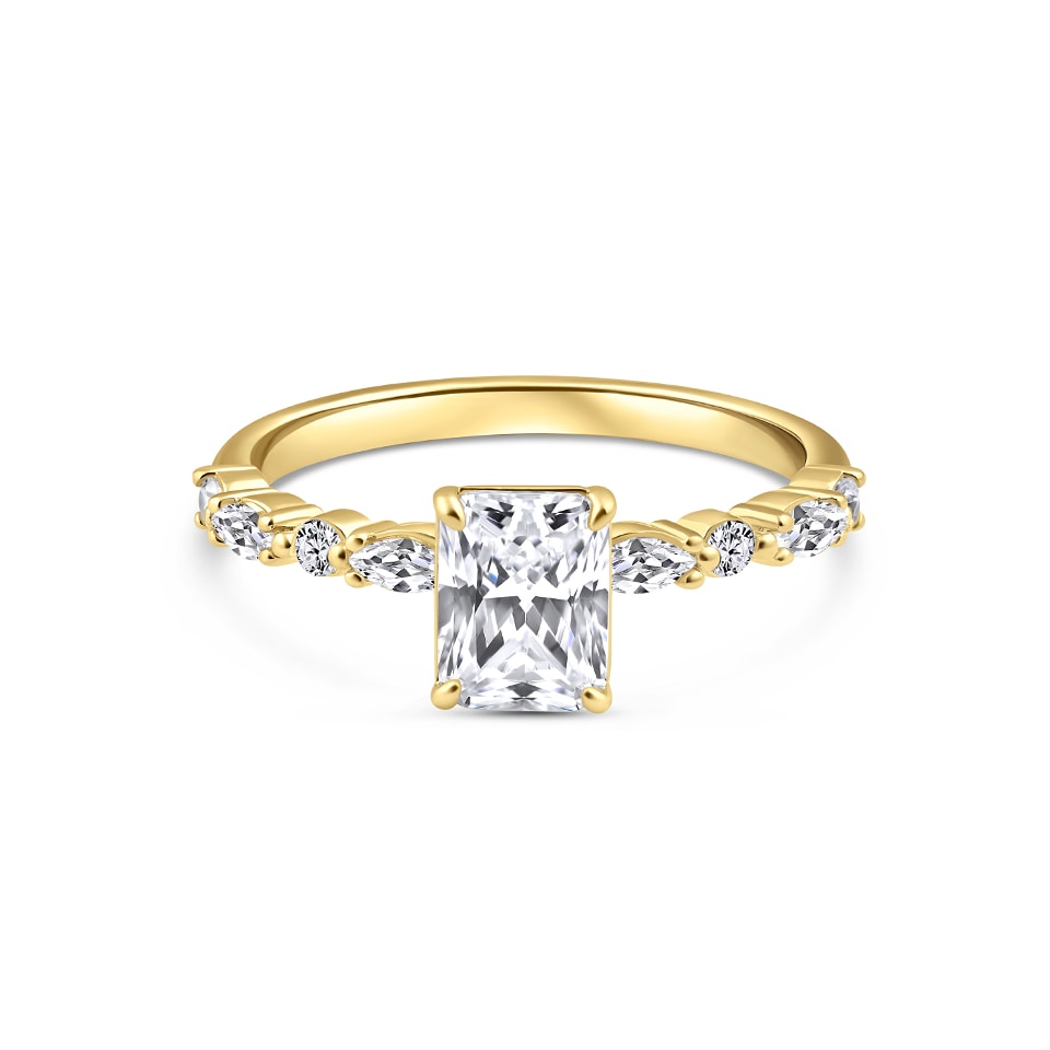 gold 2 carat radiant cut vintage engagement ring on white background