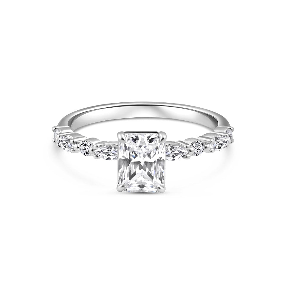 silver 2 carat radiant cut vintage engagement ring on white background