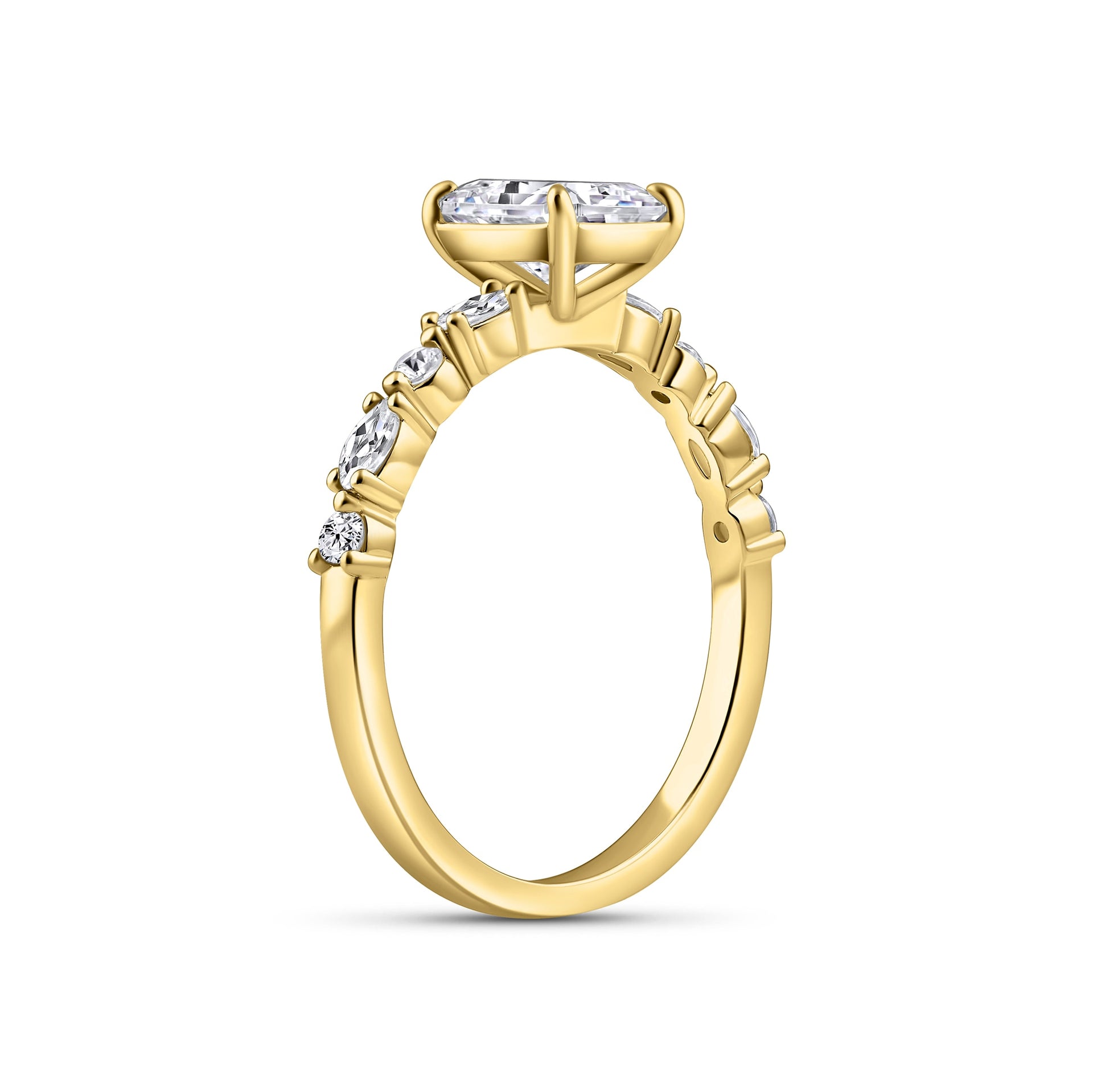 side view of gold vintage radiant cut engagement ring on white background