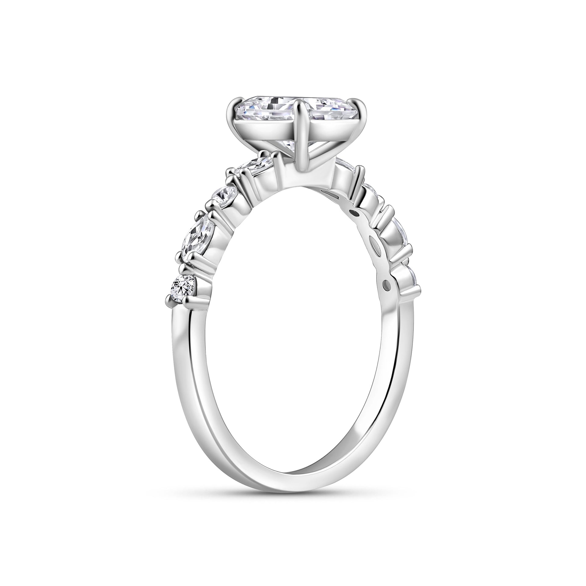 side view of 2 carat radiant cut engagement ring on white background