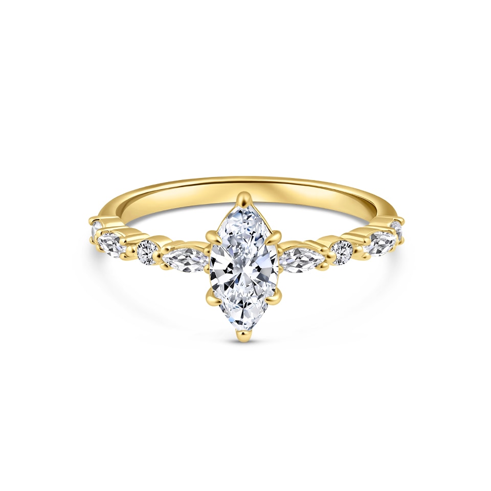 gold 1 carat vintage marquise cut engagement ring on a white background