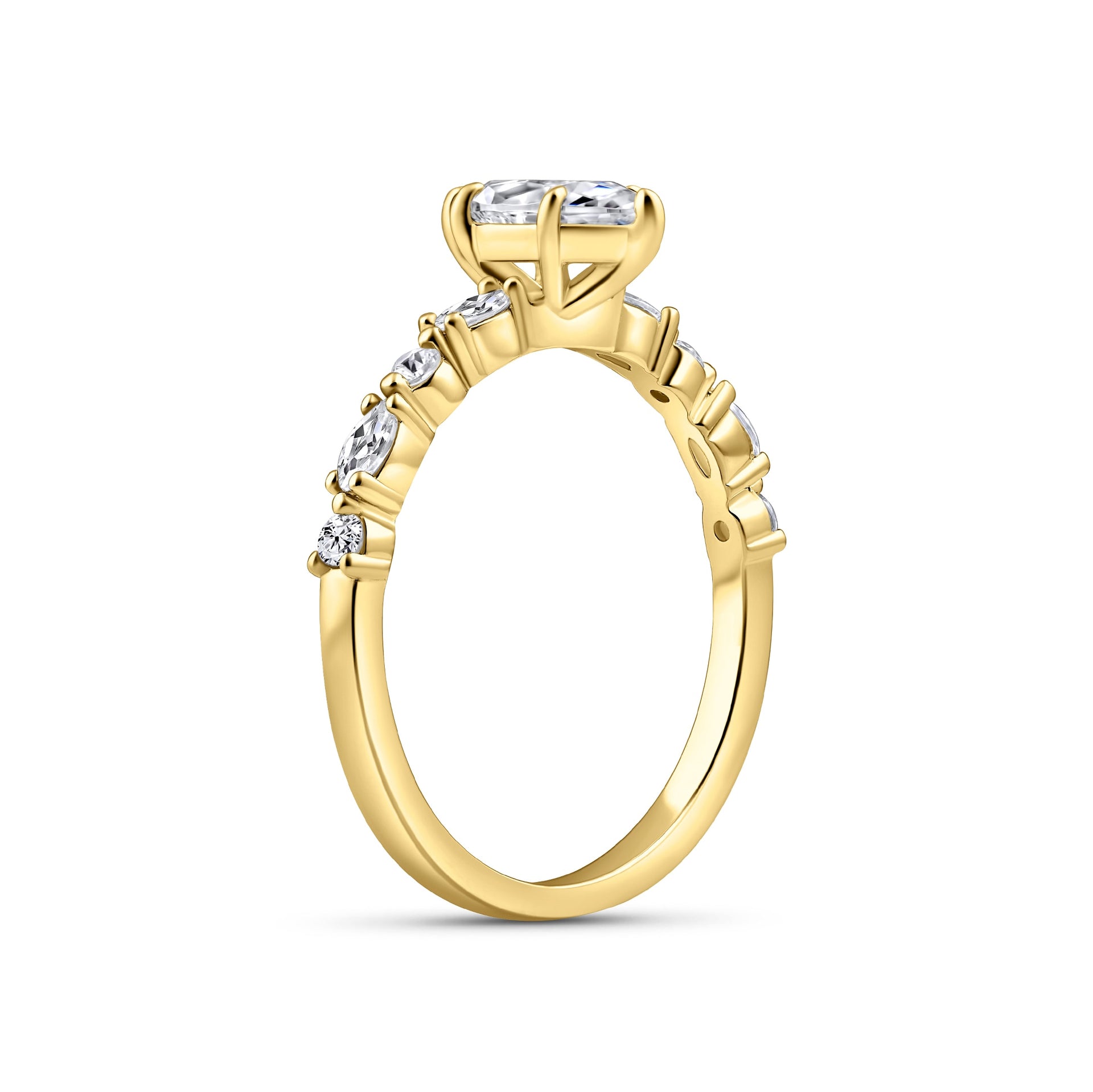 side view of gold 1 carat marquise cut engagement ring on white background