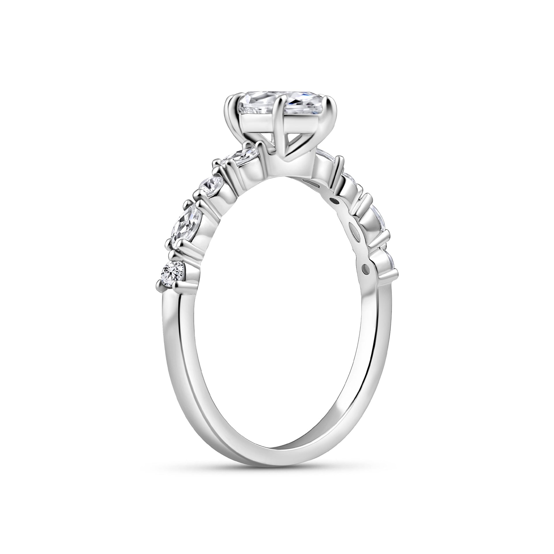 side view of silver 1 carat marquise cut engagement ring on white background