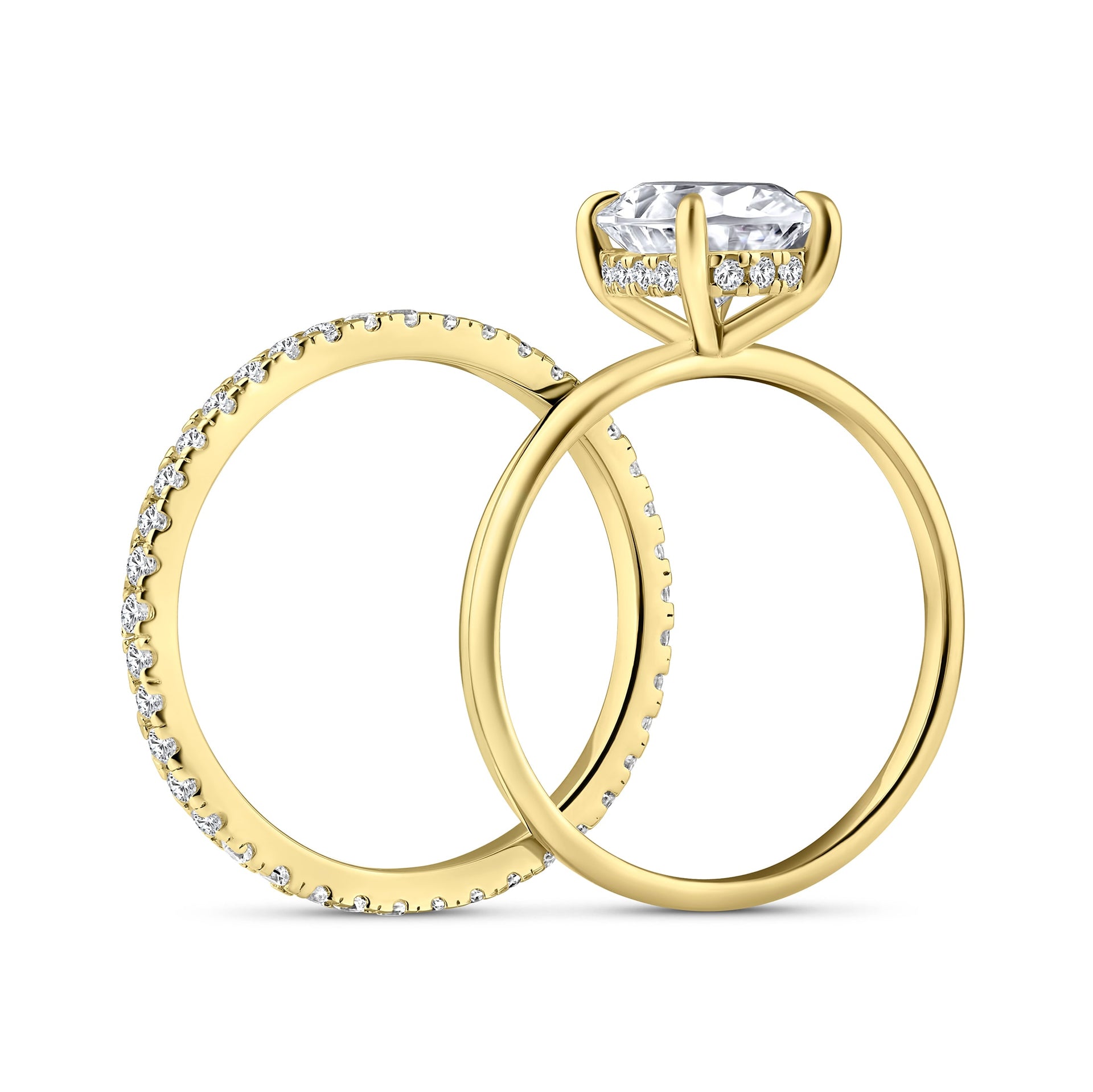 side view of classic gold 3 carat oval cut hidden halo solitaire wedding ring set on white background