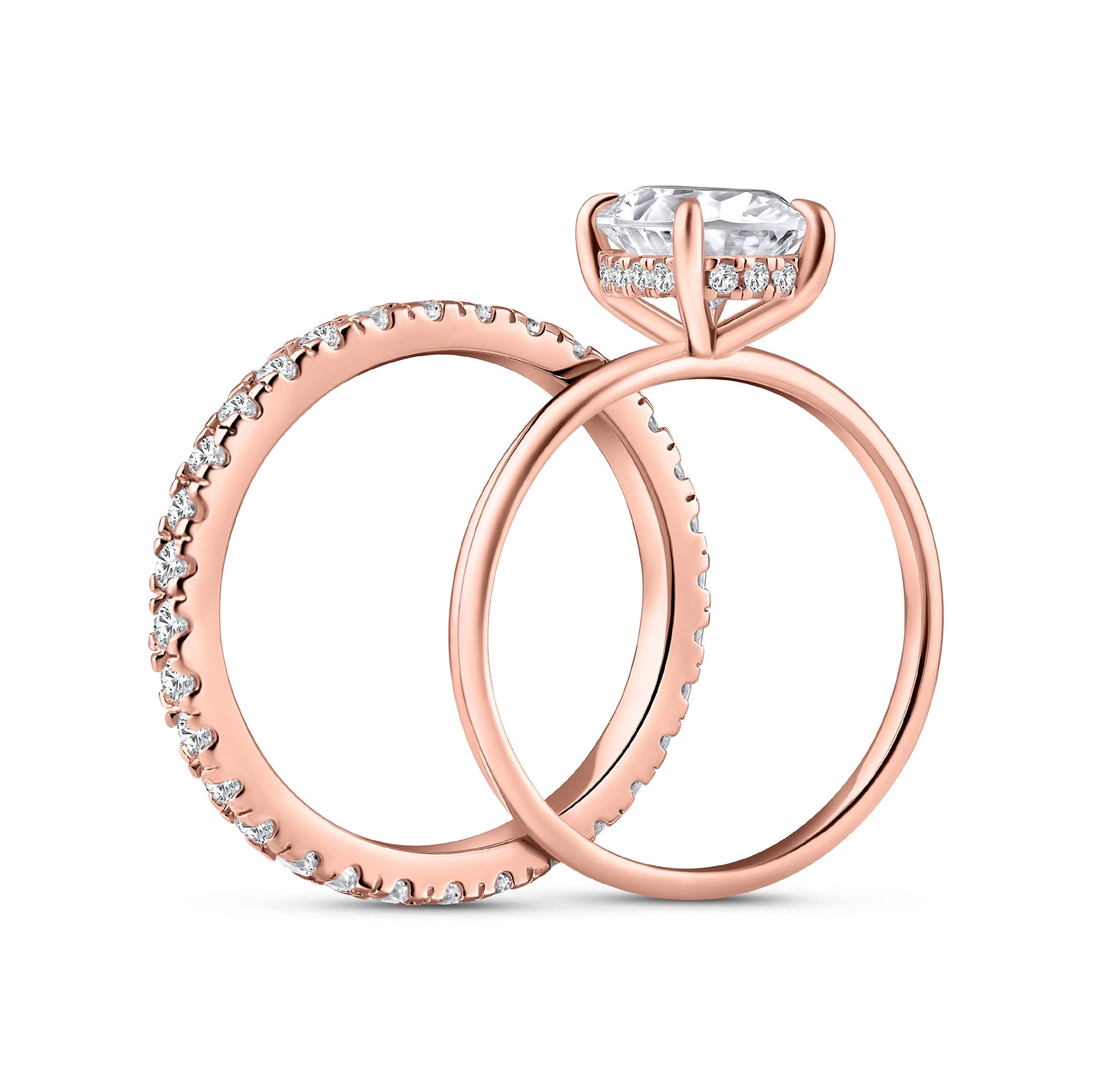 side view of classic rose gold 3 carat oval cut wedding ring set with solitaire engagement ring and full eternity wedding band on a white background