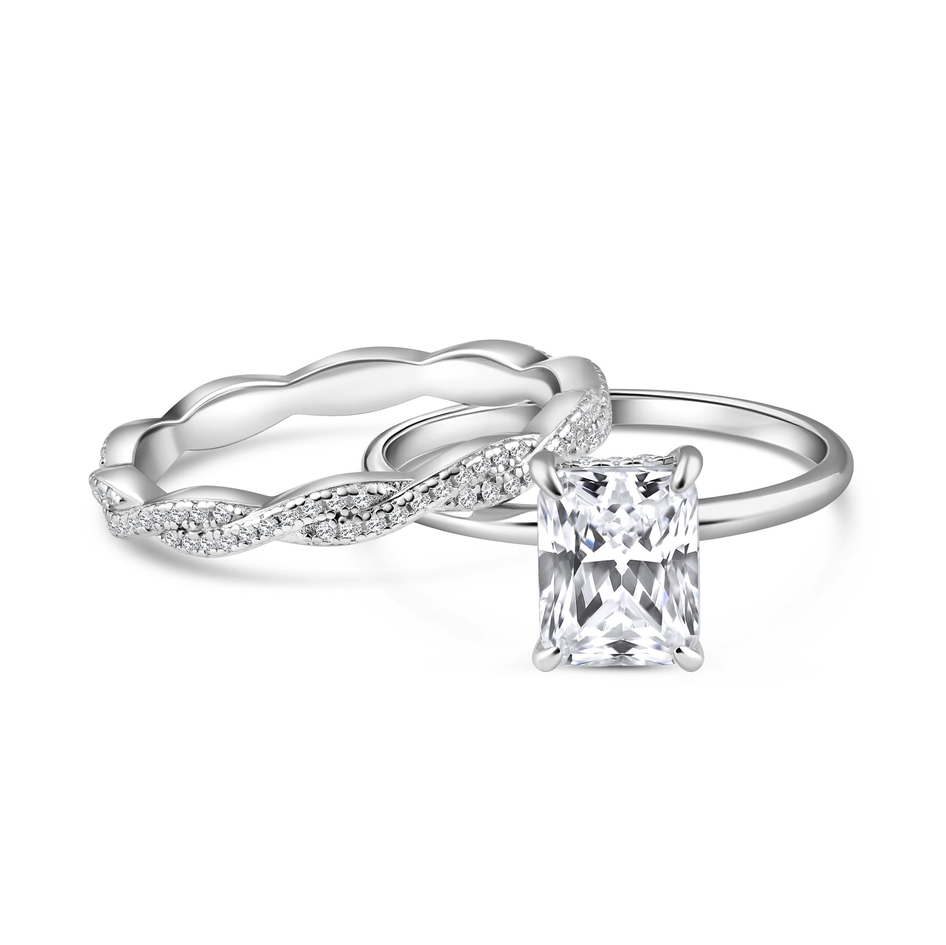 alternative post of stunning silver 3 carat radiant cut wedding ring set with solitaire engagement ring and full eternity twisting wedding band on a white background