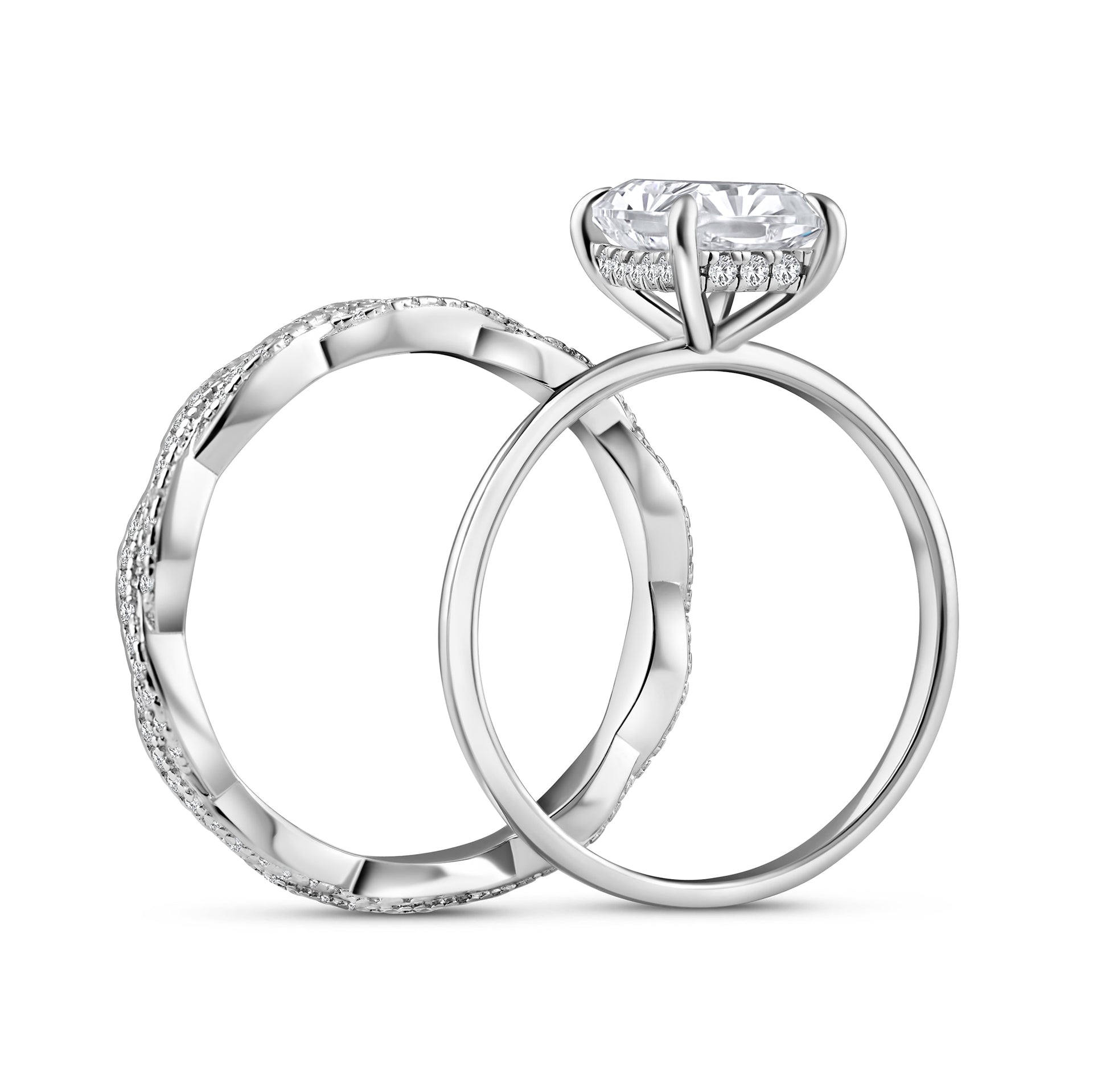 side view of stunning silver 3 carat radiant cut wedding ring set with solitaire engagement ring and full eternity twisting wedding band on a white background