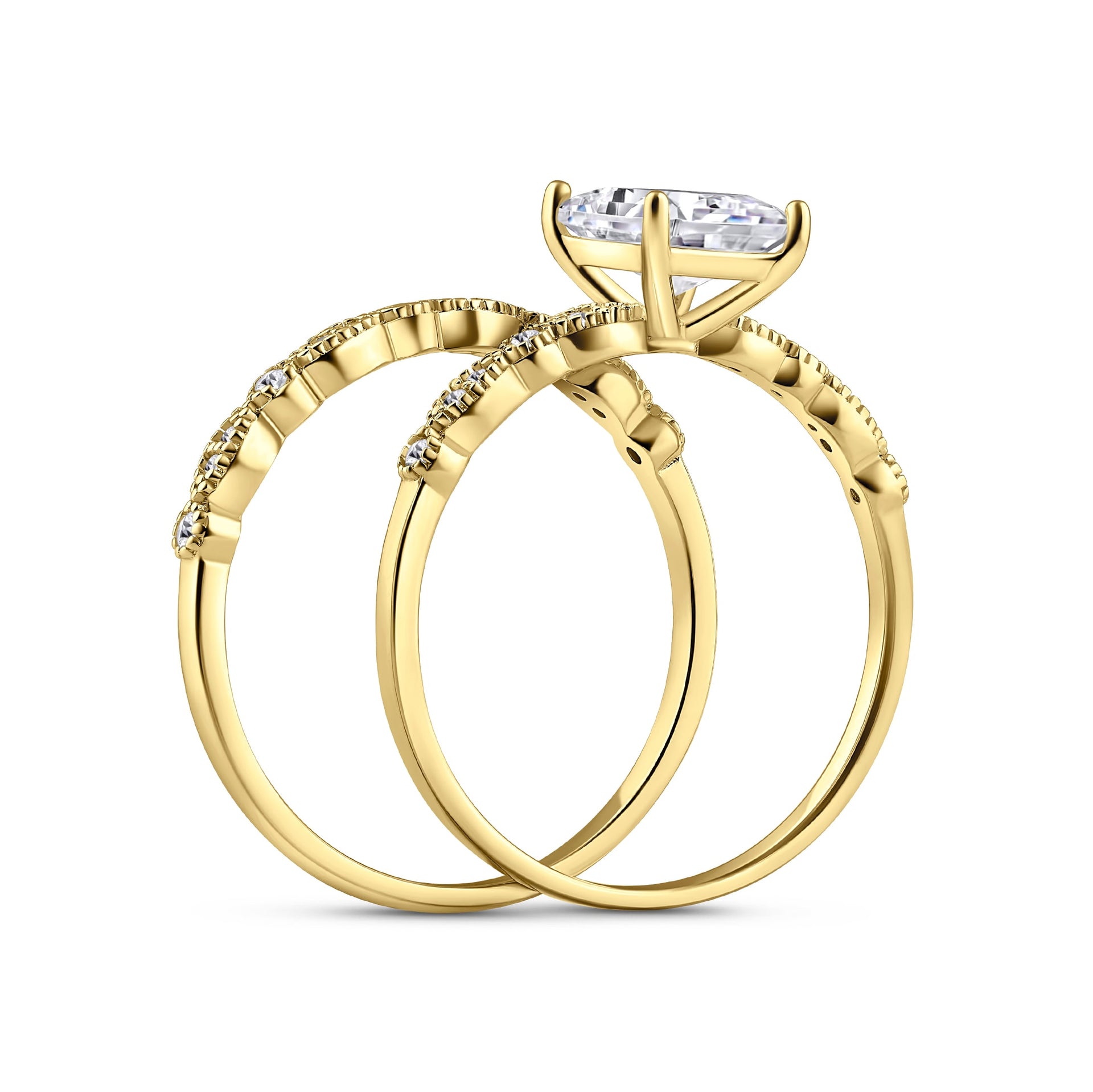 side view of gold vintage style 1.5 carat radiant cut half eternity wedding ring set on white background