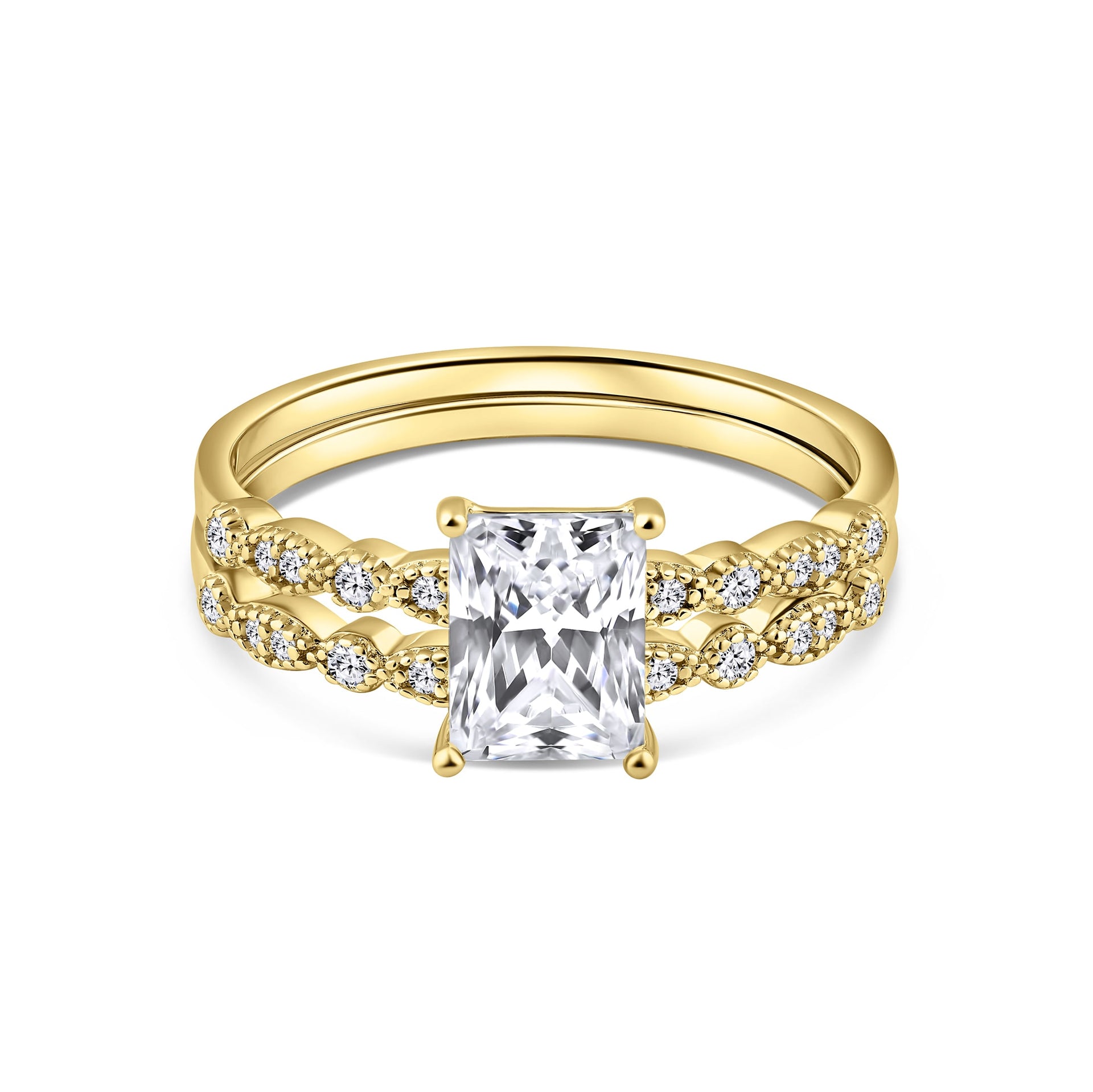 gold vintage style 1.5 carat radiant cut half eternity wedding ring set on white background