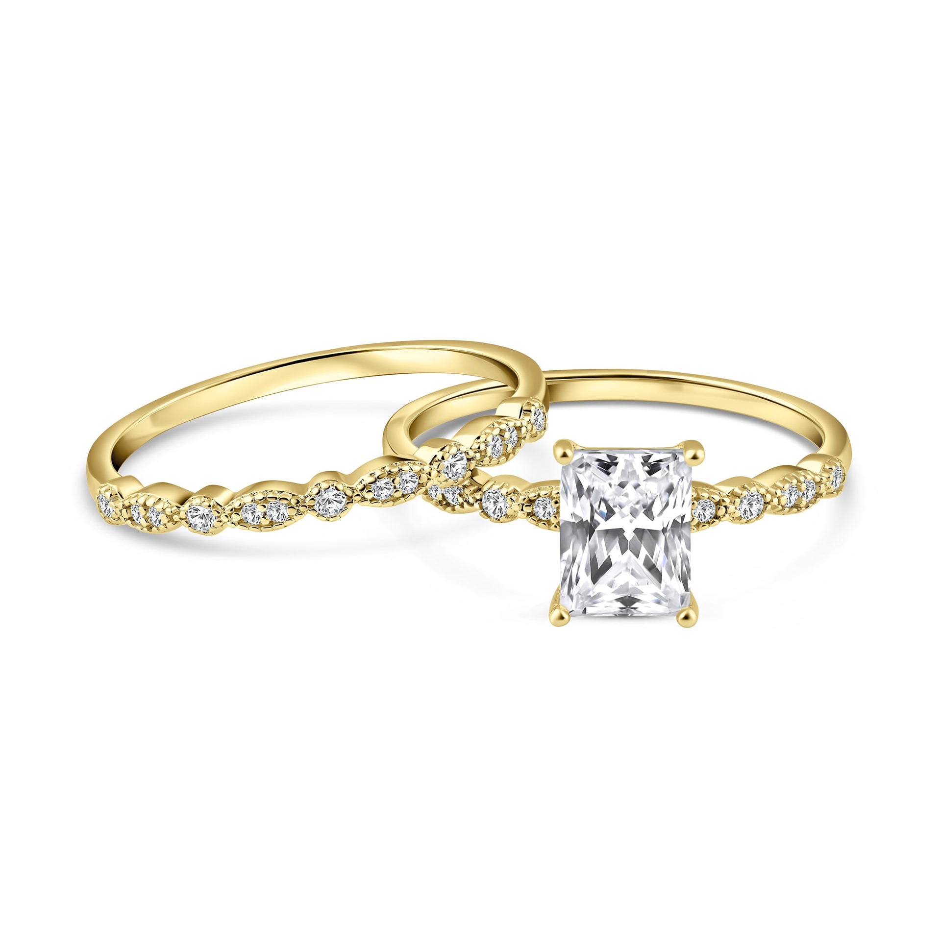 alternative view of gold vintage style 1.5 carat radiant cut half eternity wedding ring set on white background