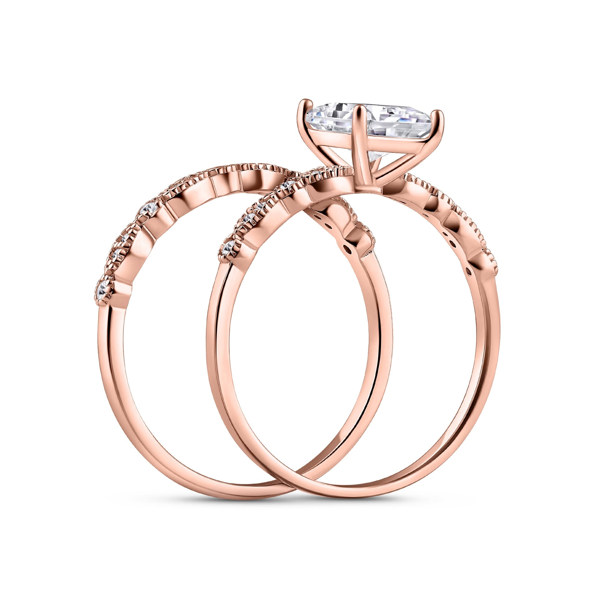 side view of rose gold vintage style 1.5 carat radiant cut half eternity wedding ring set on white background