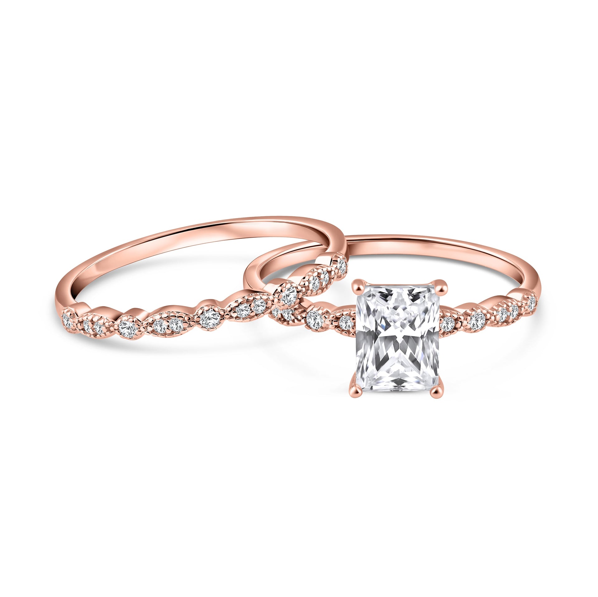 alternative view of rose gold vintage style 1.5 carat radiant cut half eternity wedding ring set on white background