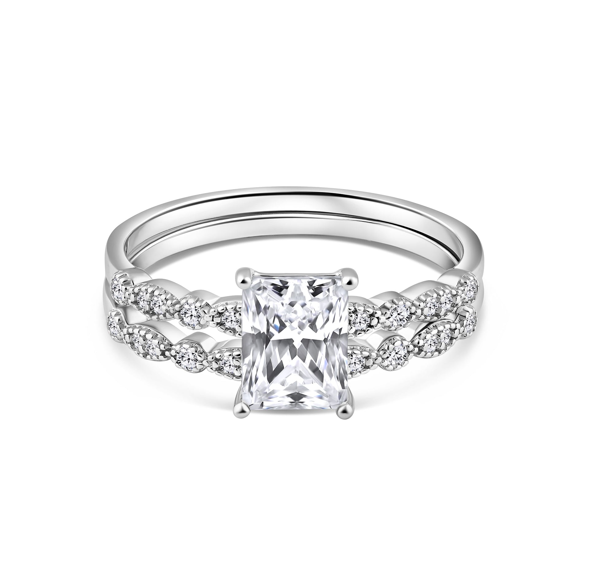 silver vintage style 1.5 carat radiant cut half eternity wedding ring set on white background
