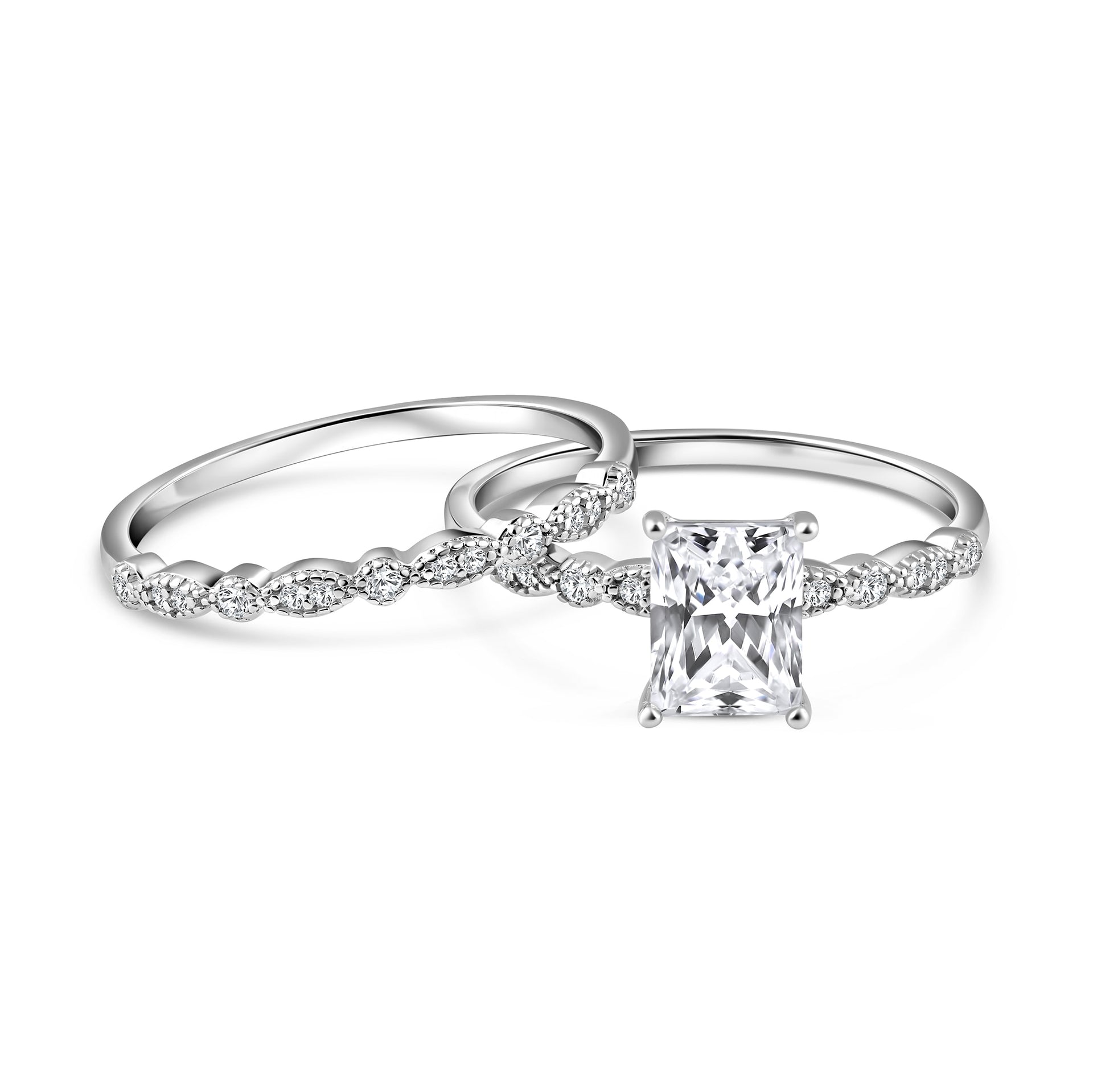 alternative view of silver vintage style 1.5 carat radiant cut half eternity wedding ring set on white background