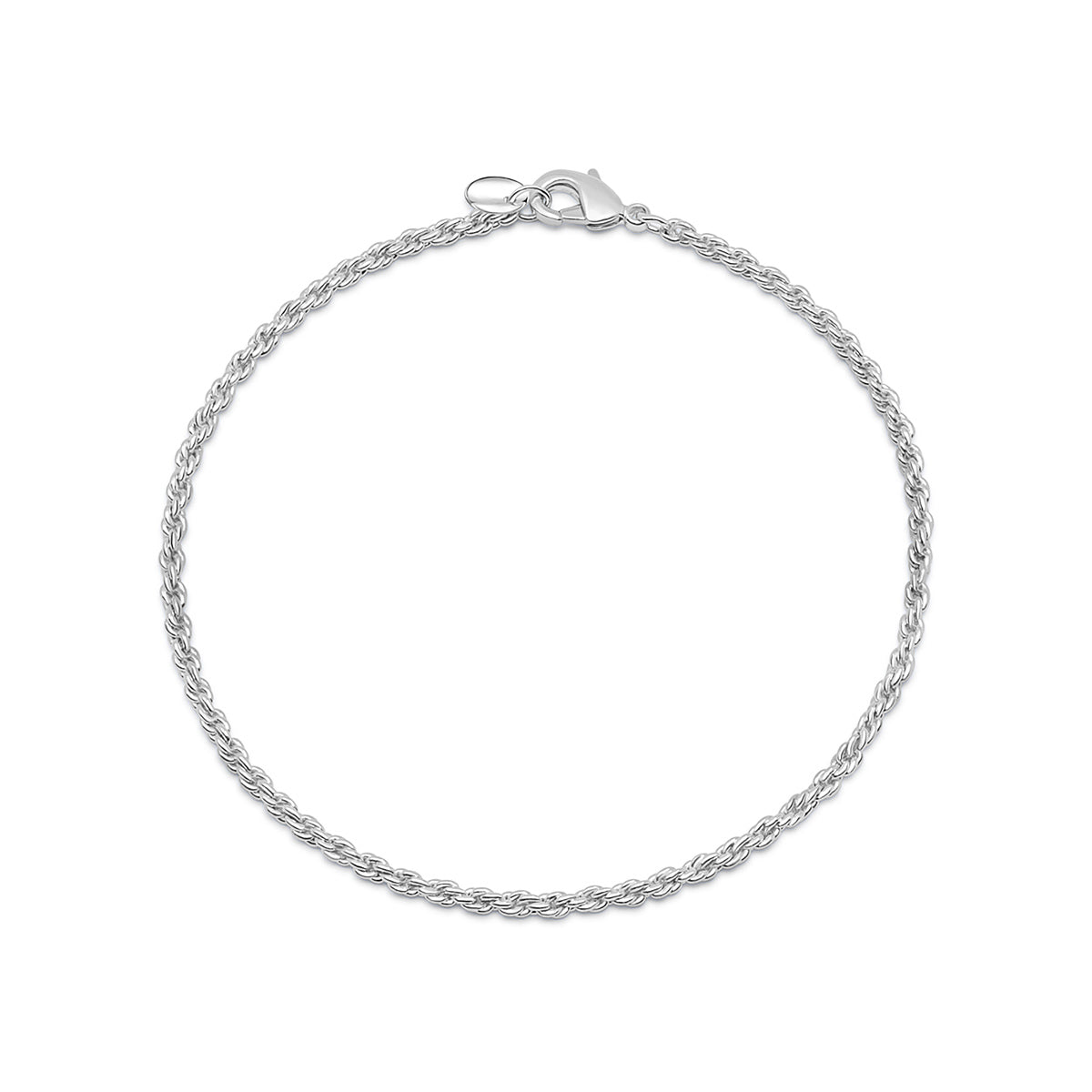 silver rope style bracelet on white background