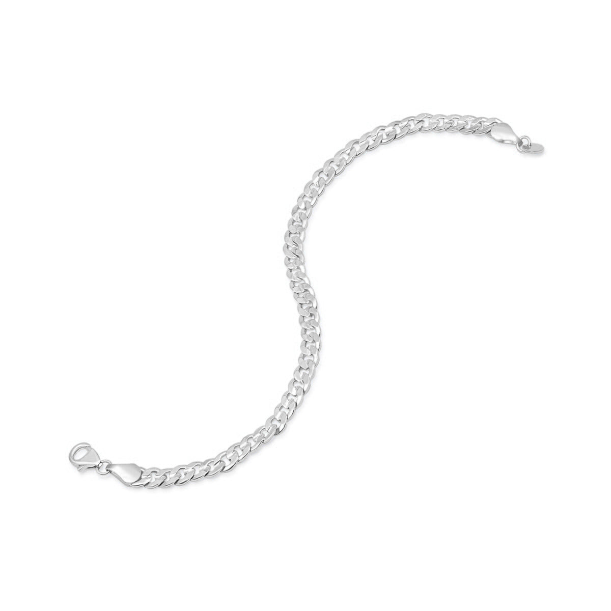silver cuban link chain bracelet laid out on white background