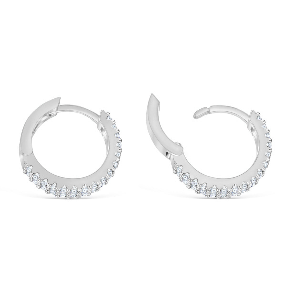 alternative view of a pair of silver hoops with a double row of stones on a white background