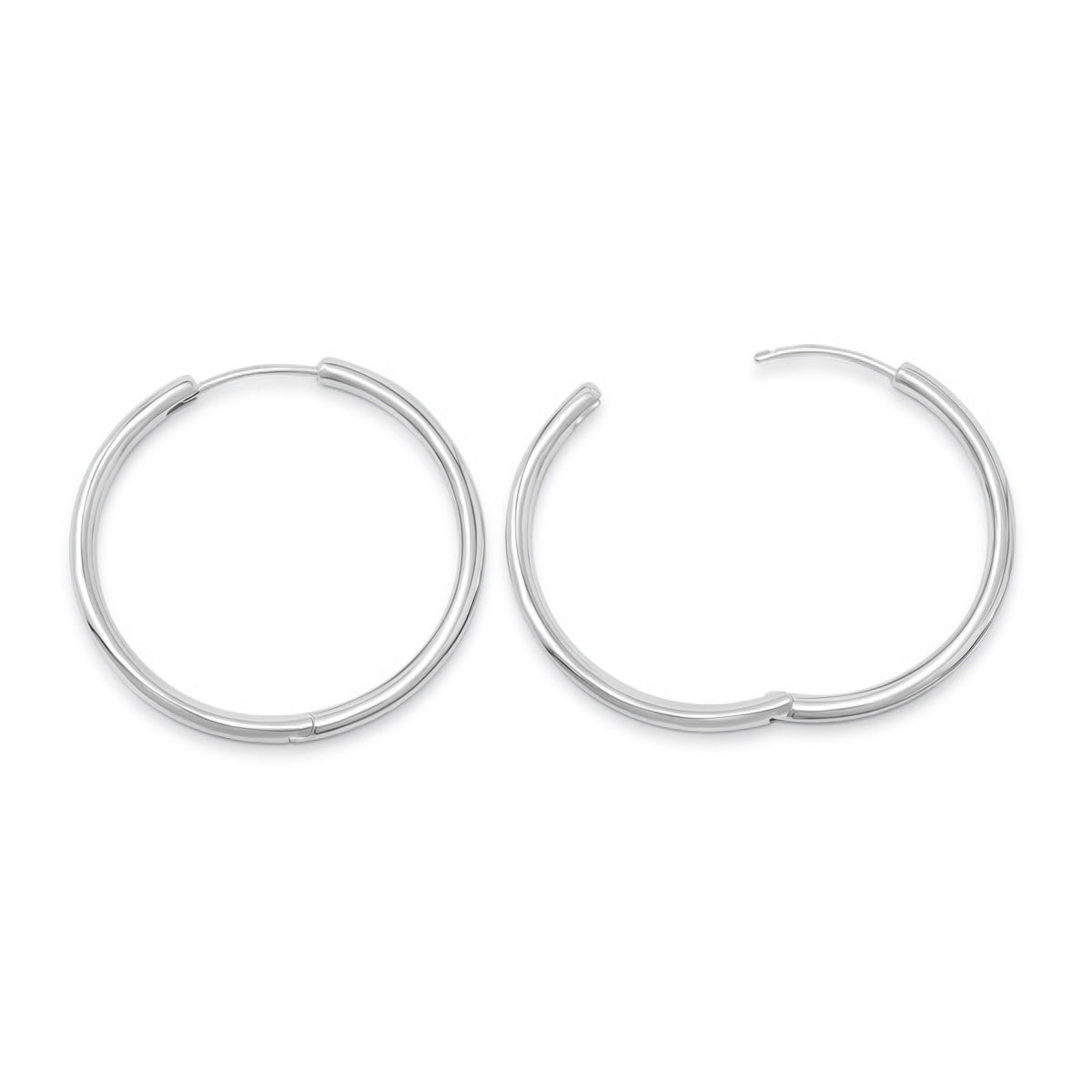 simple silver hoops with one closed and one open on a white background