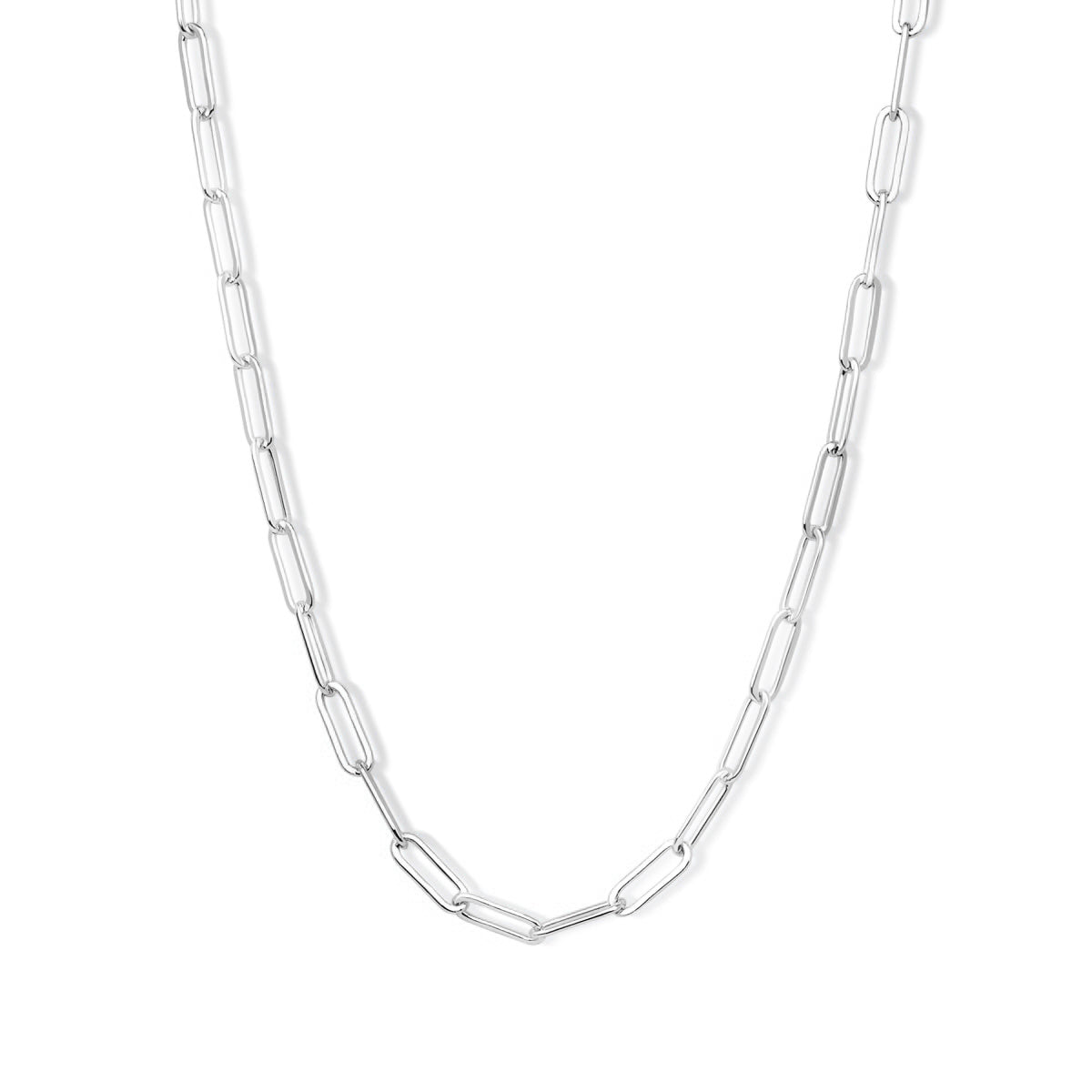 silver paperclip style chain necklace on white background