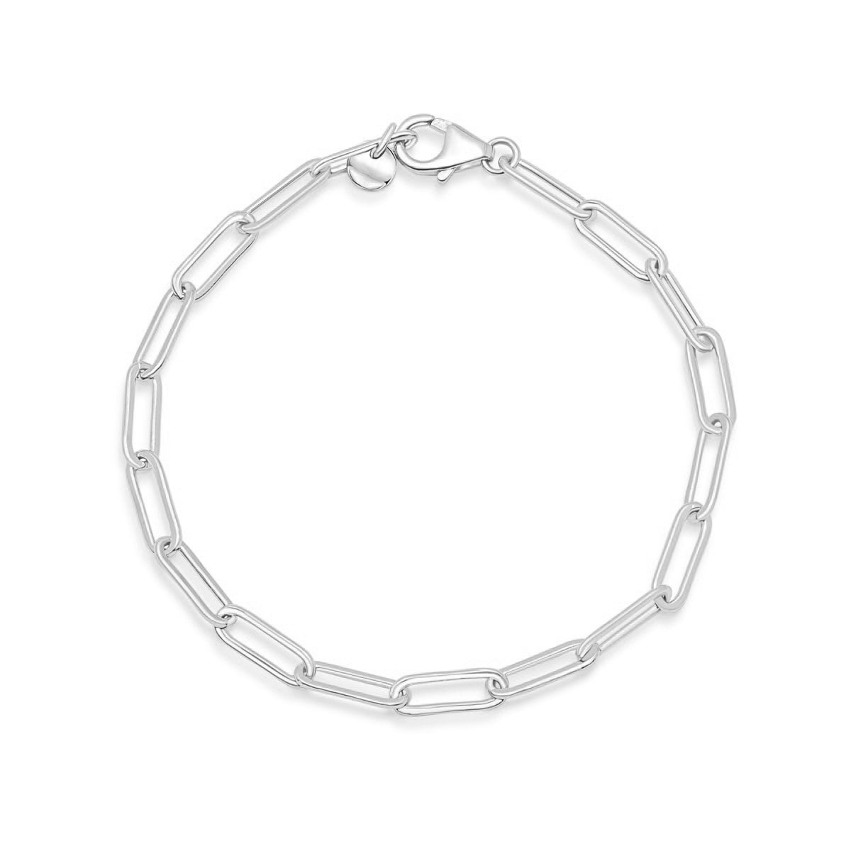 silver paperclip style chain bracelet on a white background