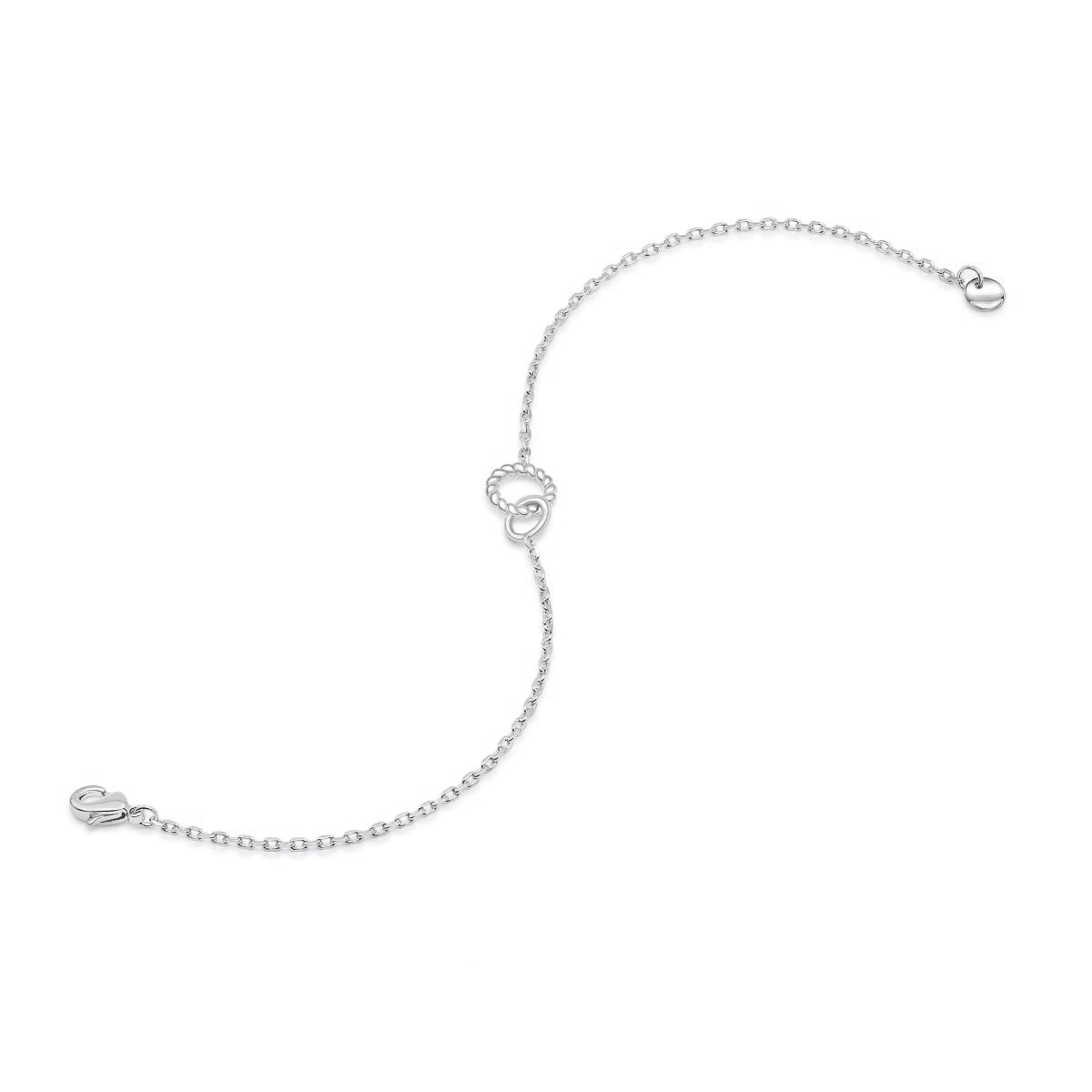 un-clasped view of a silver dainty bracelet with minimal interlocking hoop detail on a white background