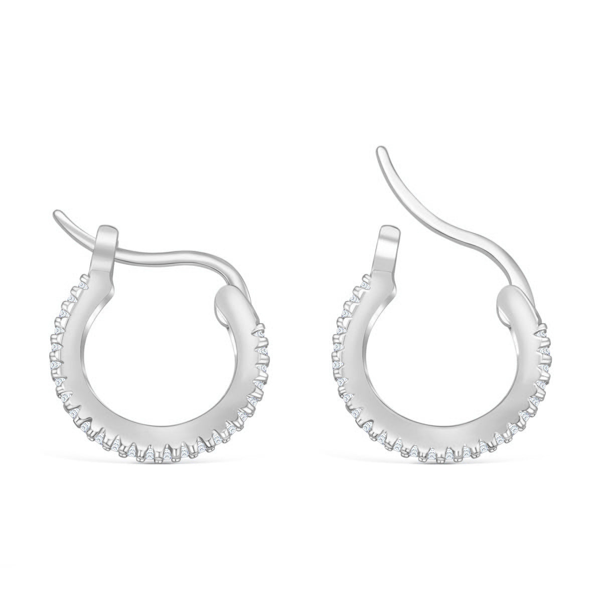 alternative side view of simple dainty silver hoops adorned with stone detailing on a white background