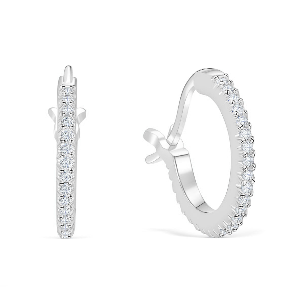 simple dainty silver hoops adorned with stone detailing on a white background
