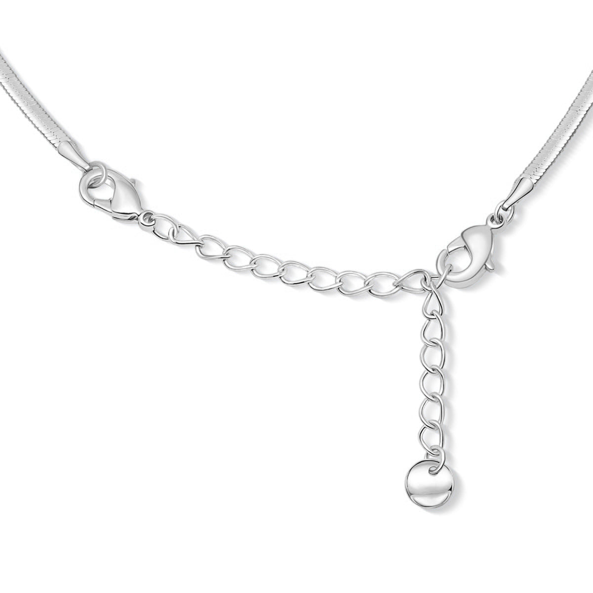 close up of the chain extender on a slim silver herringbone detail necklace on a white background