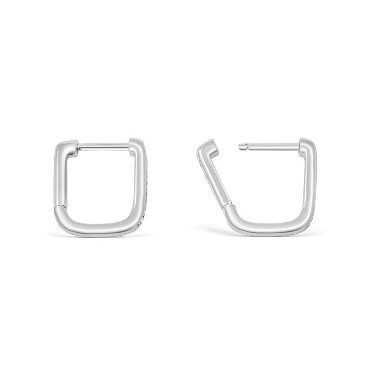 opened view of small silver square/rounded hoop style earrings with stones on a white background