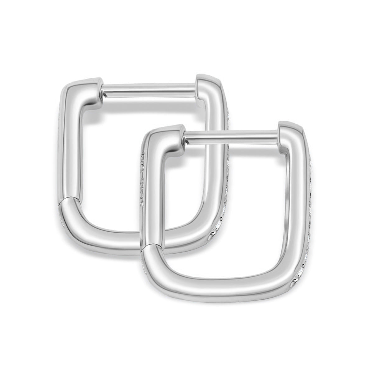 side view of small silver square/rounded hoop style earrings with stones on a white background