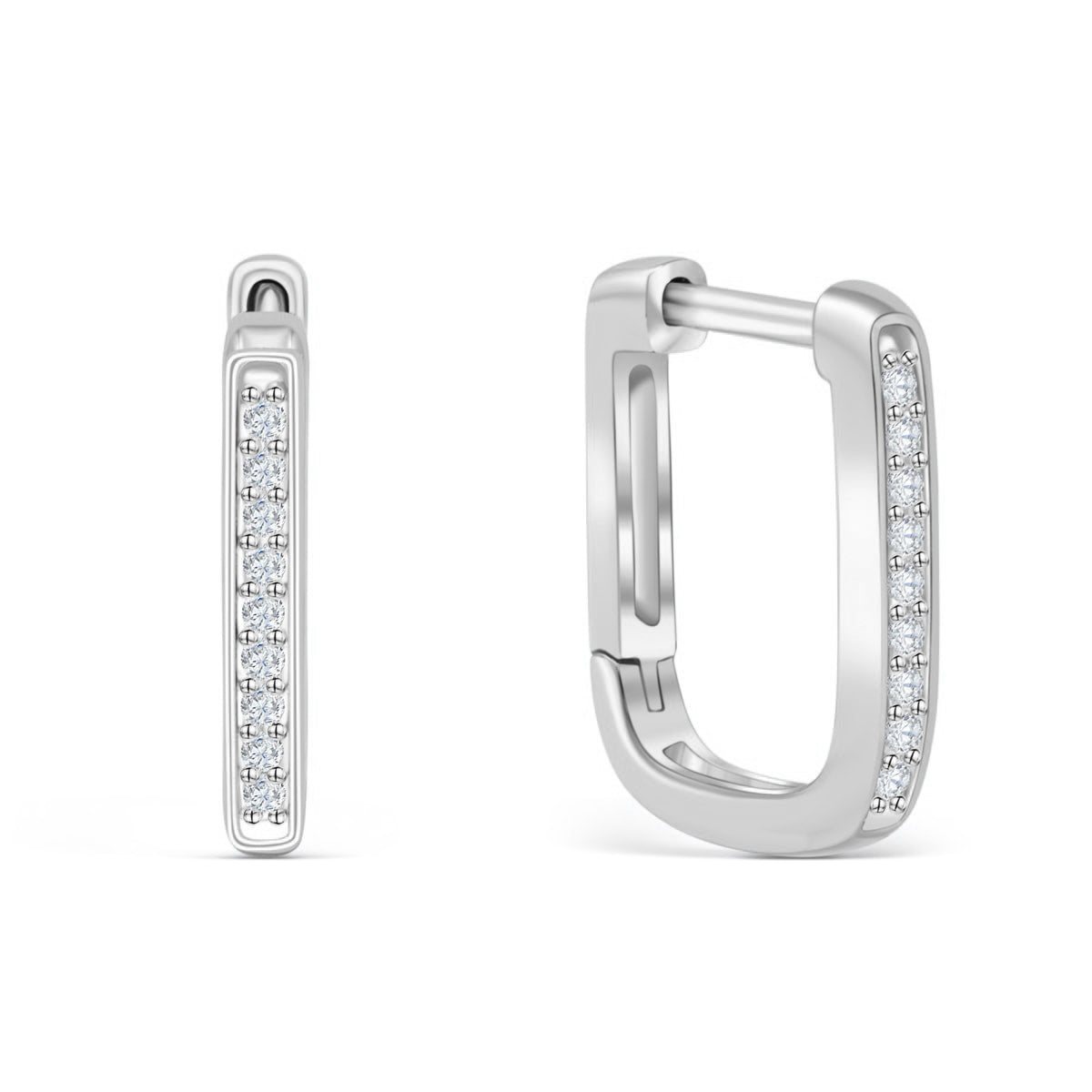 small silver square/rounded hoop style earrings with stones on a white background