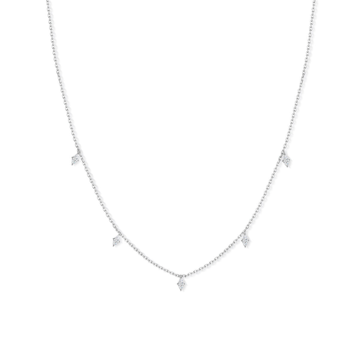 a minimalist silver necklace with 5 dainty marquise stones pendants on a white background