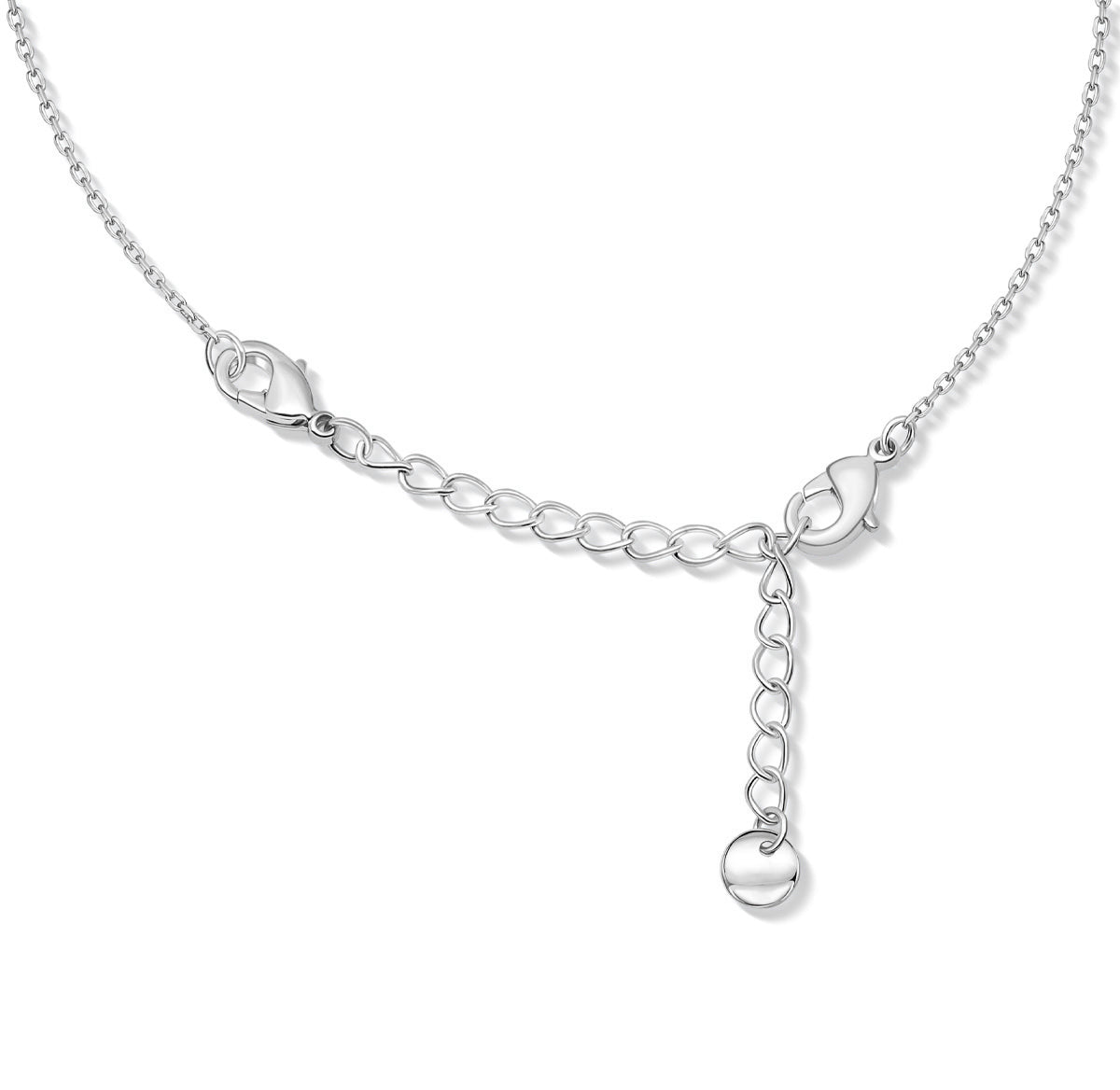 close up view of the chain extender on a minimalist silver necklace with 5 dainty marquise stones pendants on a white background
