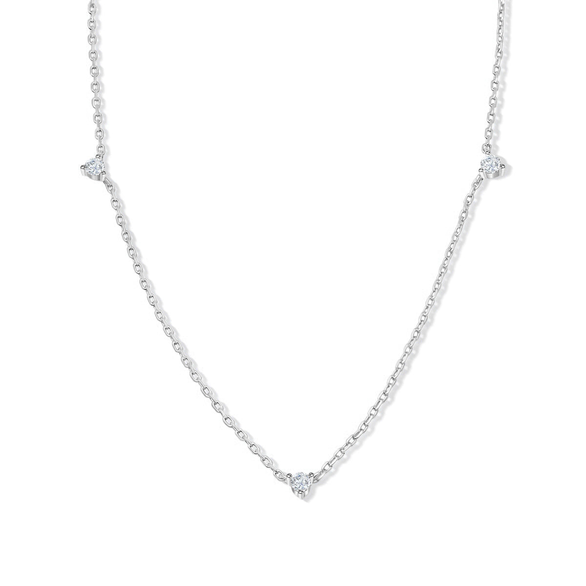 an alternative pose of a simple silver necklace with 3 dainty round stones along its chain on a white background