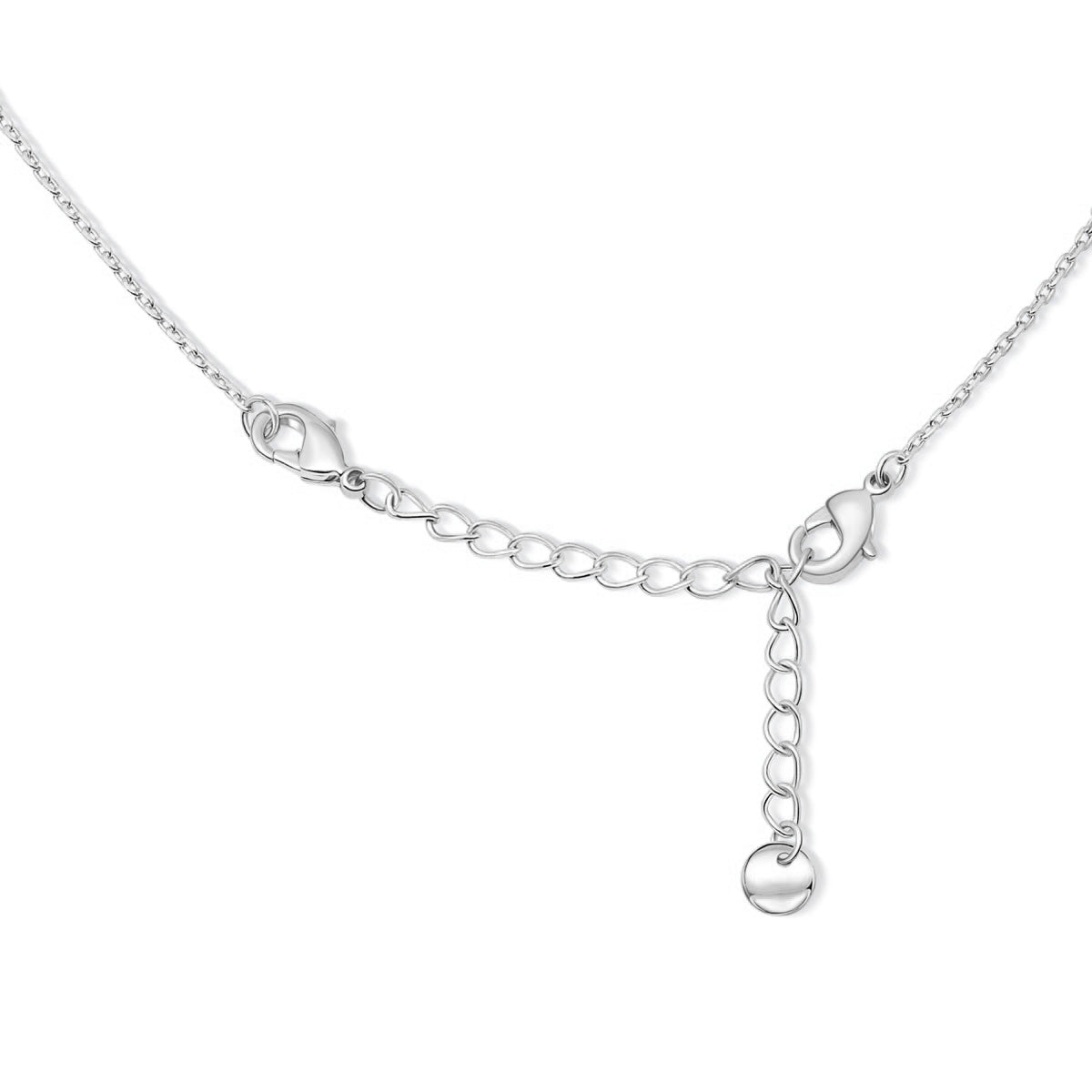 close up of the chain extender portion of a simple silver necklace with 3 dainty round stones along its chain on a white background